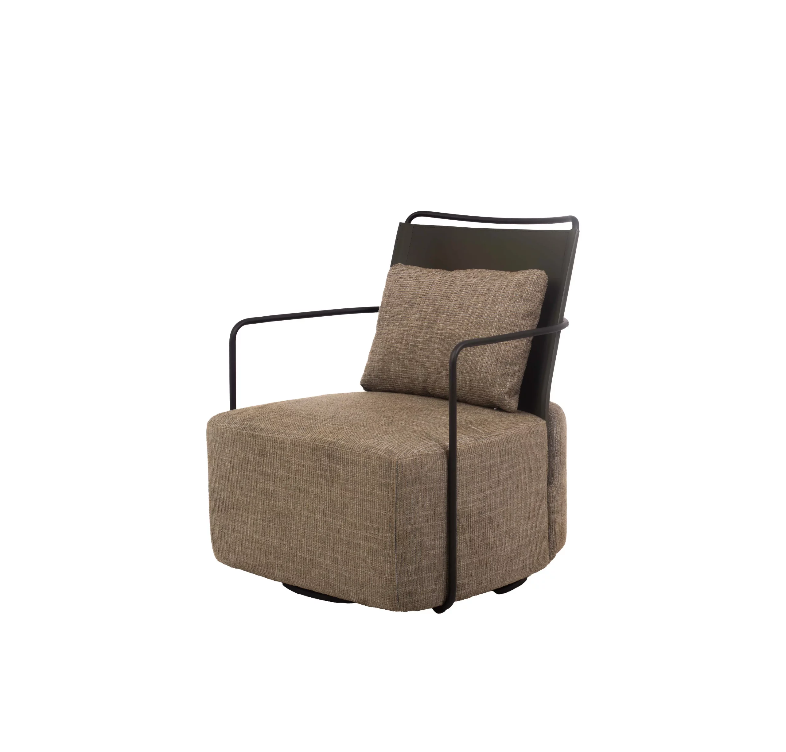 Modern room with large windows, featuring a green chair, a round black metal table with a small plant, and lush green potted plants, creating a fresh ambiance.