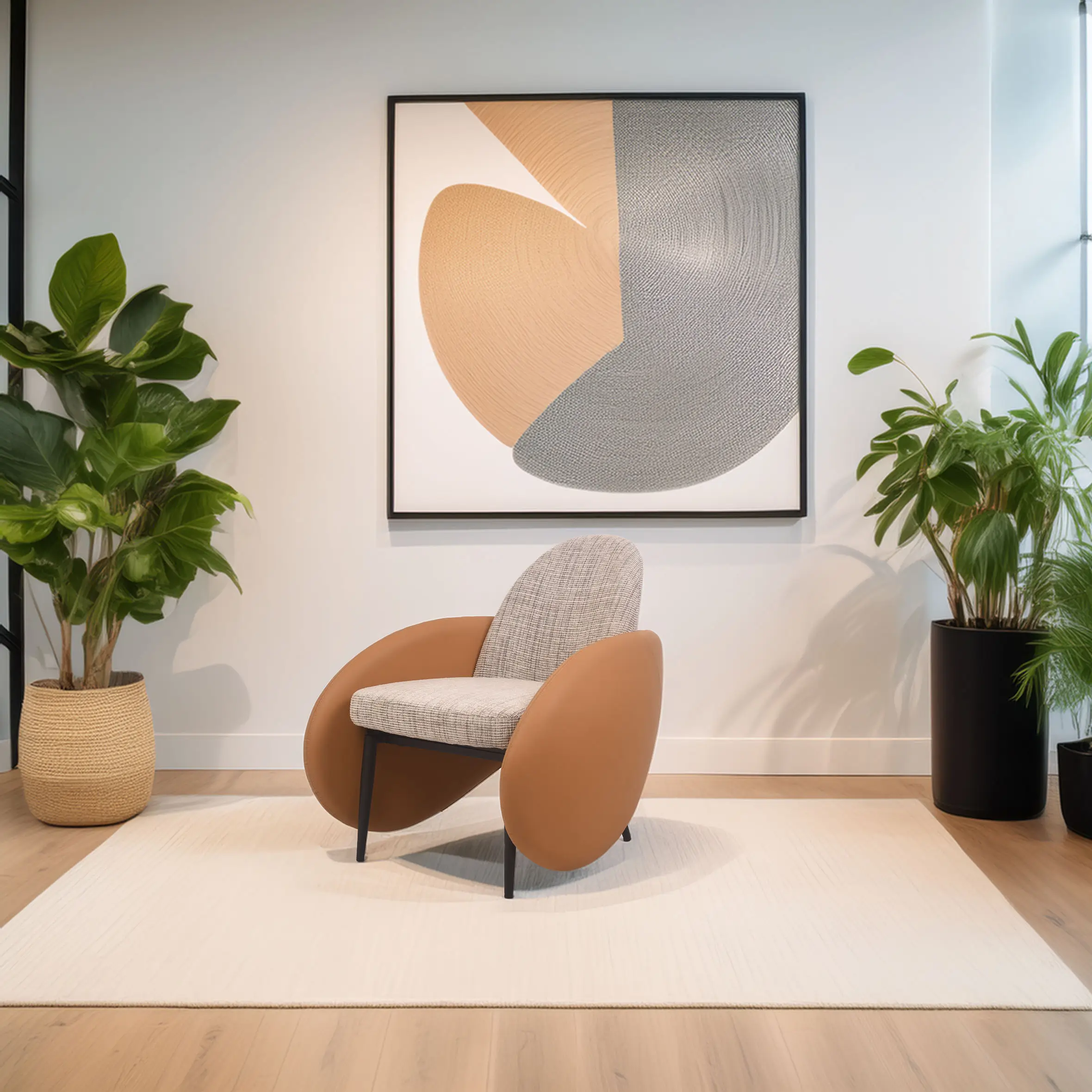 A modern room with a beige and gray abstract painting on the wall. A stylish chair with brown curved arms sits on a rug, flanked by green plants.