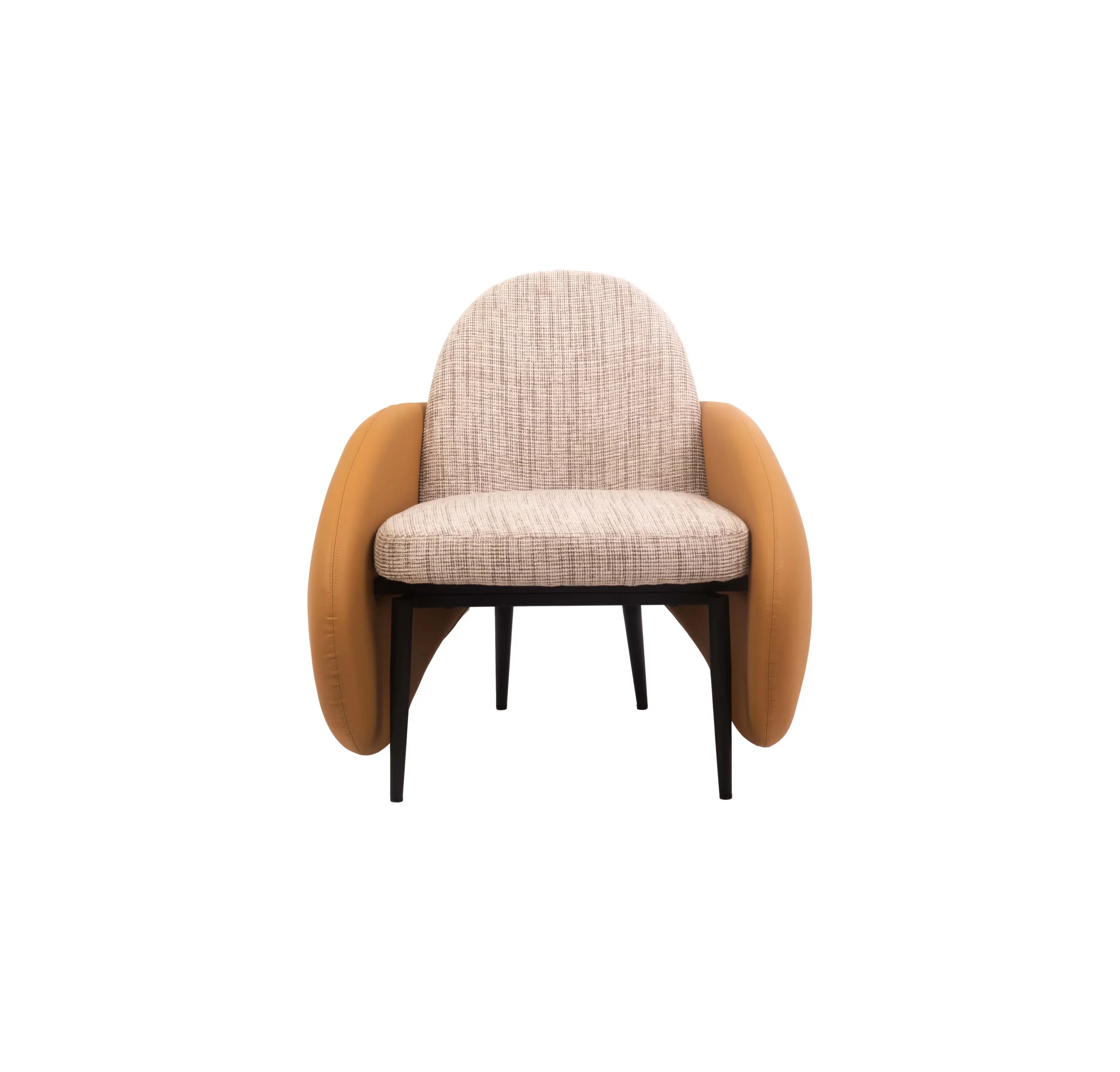 A modern room with a beige and gray abstract painting on the wall. A stylish chair with brown curved arms sits on a rug, flanked by green plants.