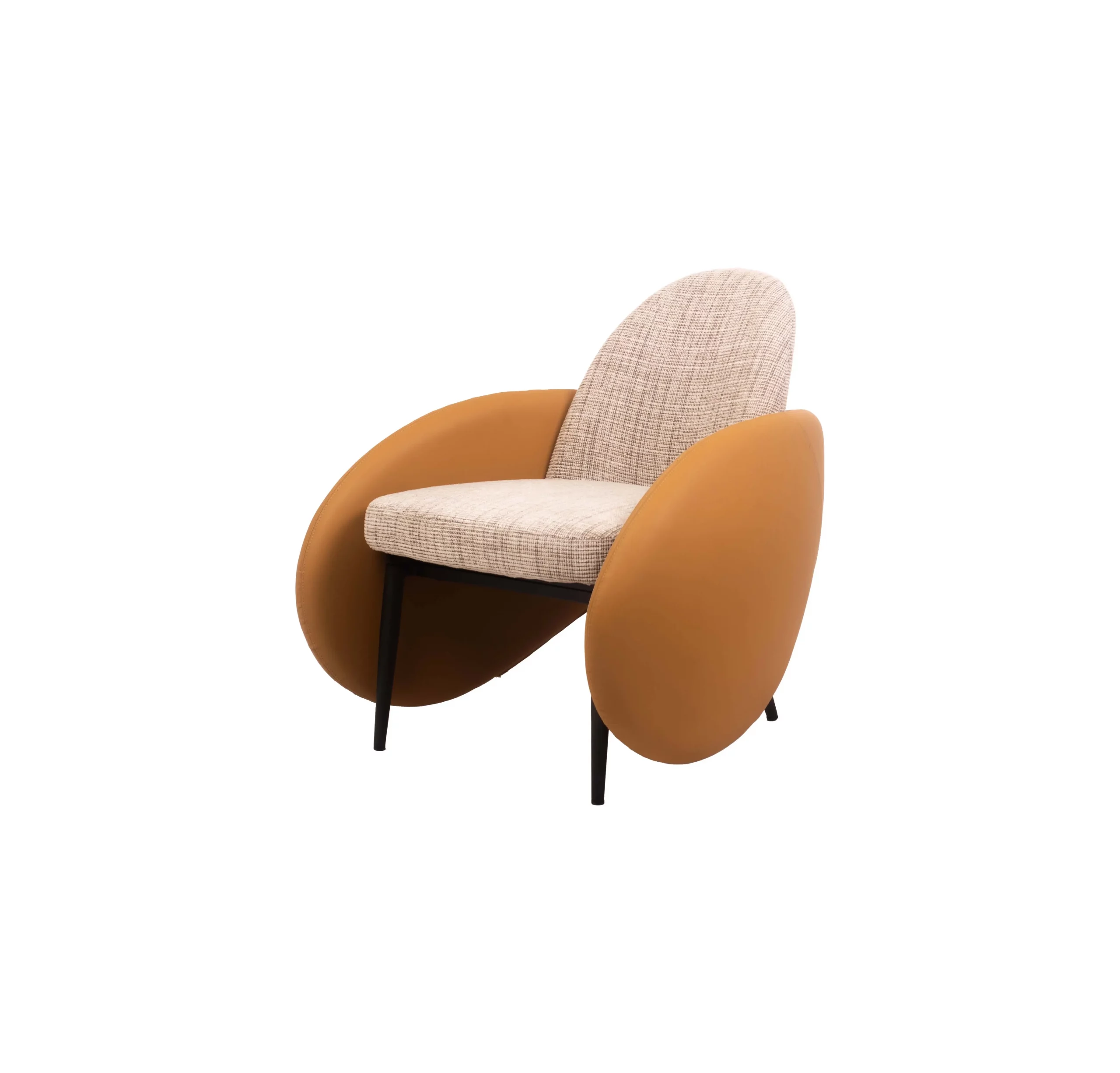 A modern room with a beige and gray abstract painting on the wall. A stylish chair with brown curved arms sits on a rug, flanked by green plants.