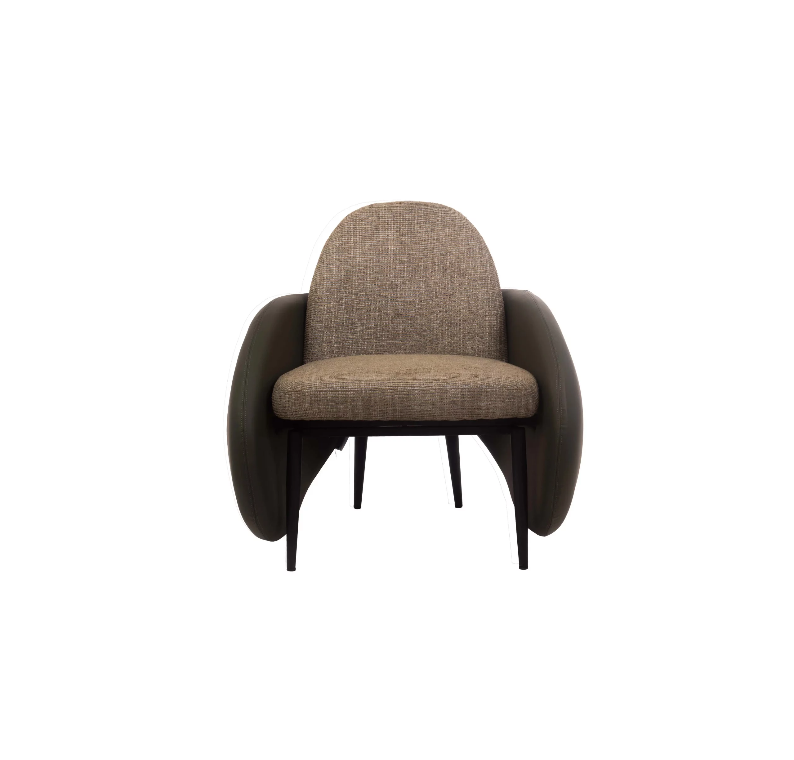 A modern, minimalist room with a sculptural chair, flanked by two large potted plants on a light rug. A wooden pendant light hangs above, creating a serene ambiance.