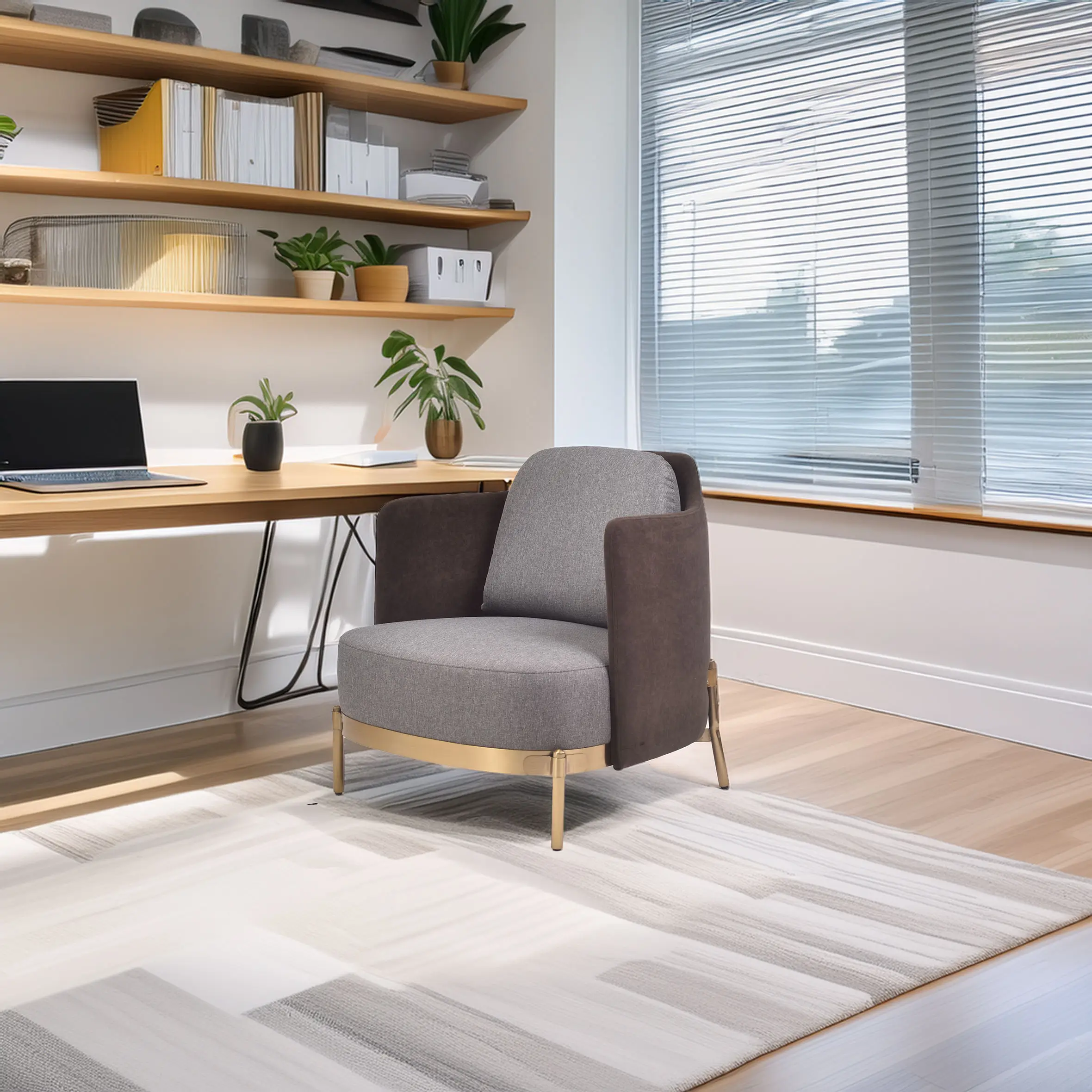 Modern office with a gray and brown armchair on a patterned rug. Wooden desk with a laptop; shelves with plants and books; large window with blinds. Minimalist and serene.