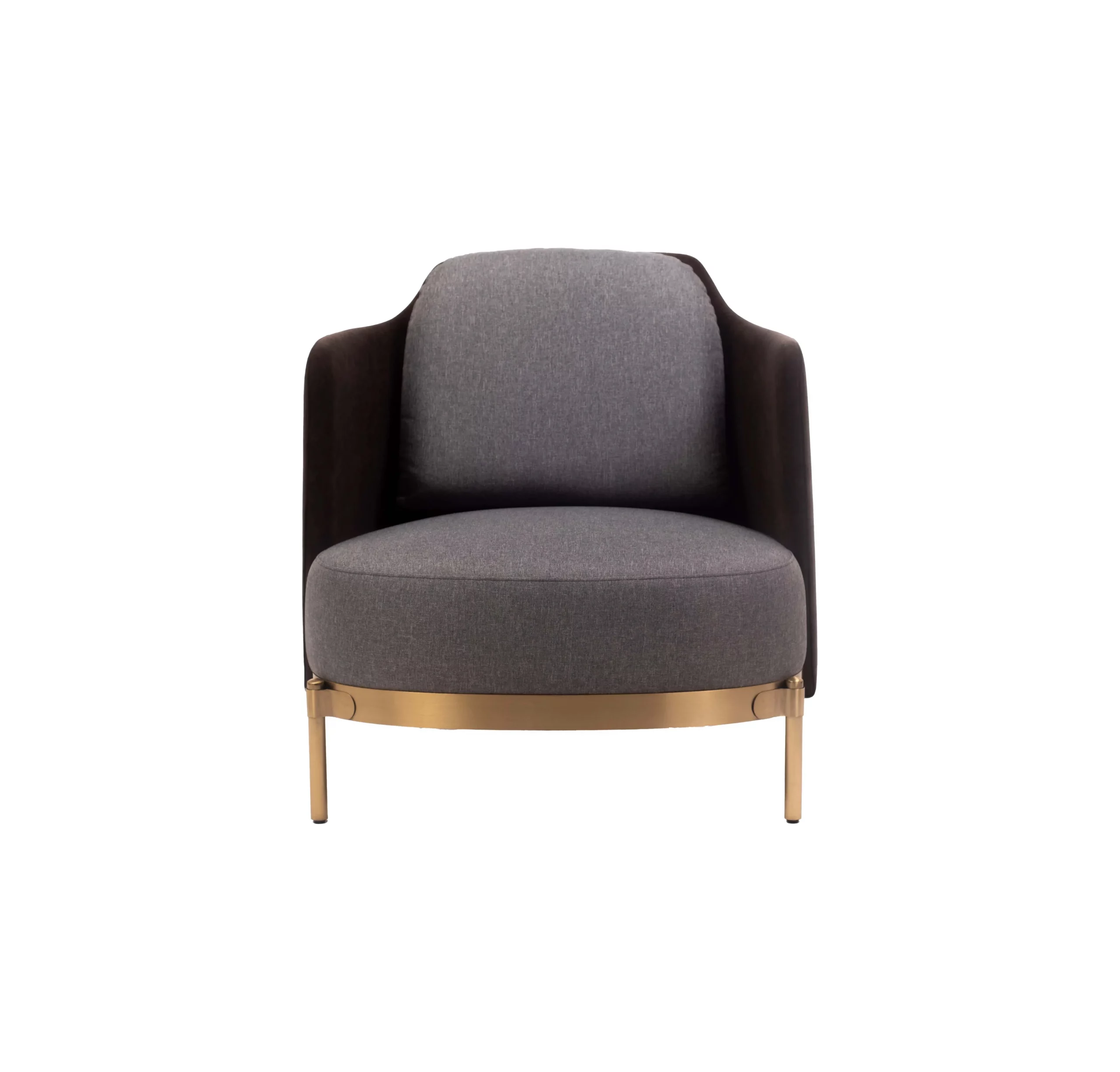 Modern office with a gray and brown armchair on a patterned rug. Wooden desk with a laptop; shelves with plants and books; large window with blinds. Minimalist and serene.