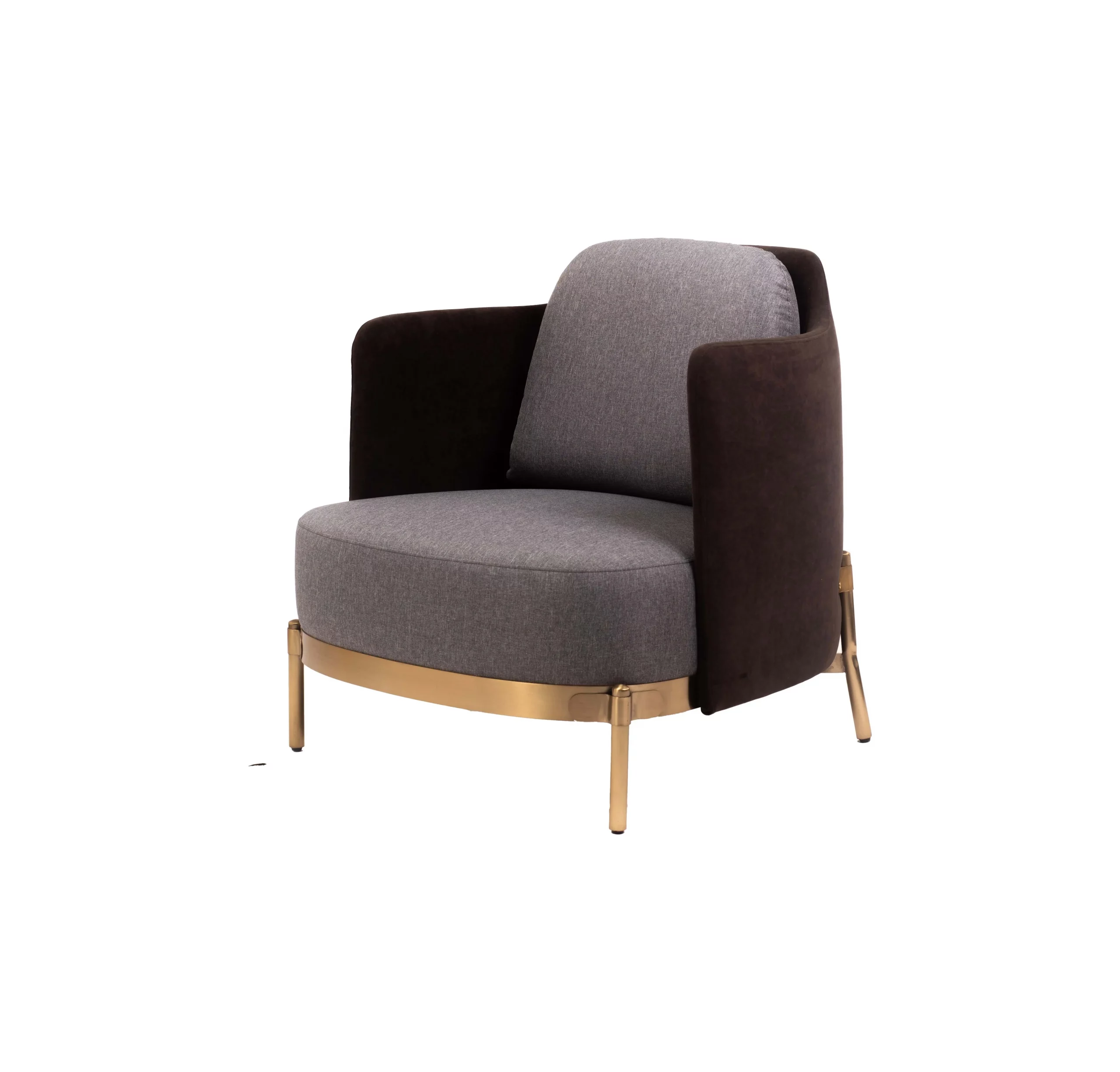 Modern office with a gray and brown armchair on a patterned rug. Wooden desk with a laptop; shelves with plants and books; large window with blinds. Minimalist and serene.