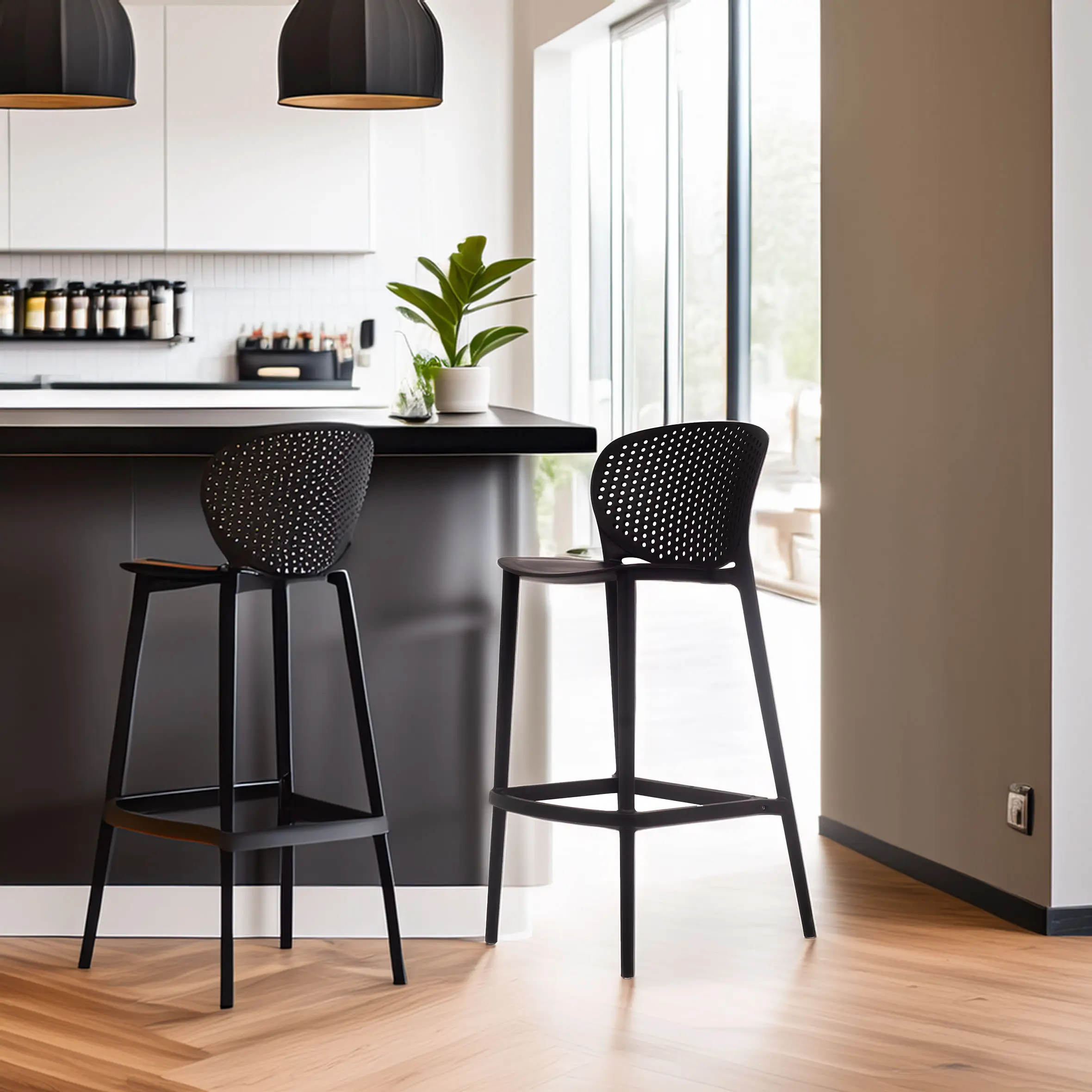 Modern kitchen interior with two black bar stools at a sleek island, illuminated by stylish pendant lights. A potted plant adds a touch of greenery.