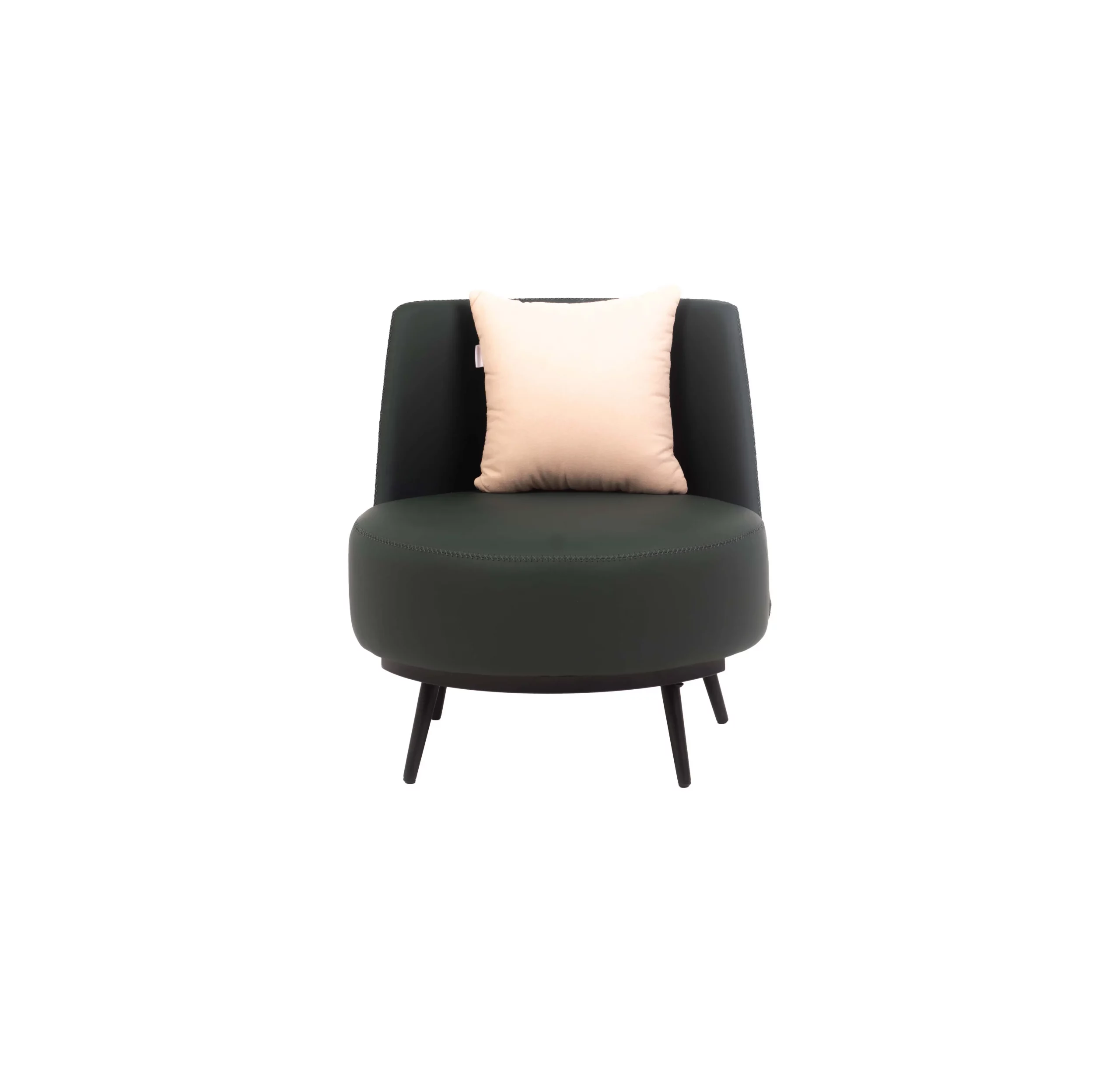 Modern room with a green chair and beige cushion. Abstract art hangs on a white wall. Wooden paneling and green plants add a calming touch.