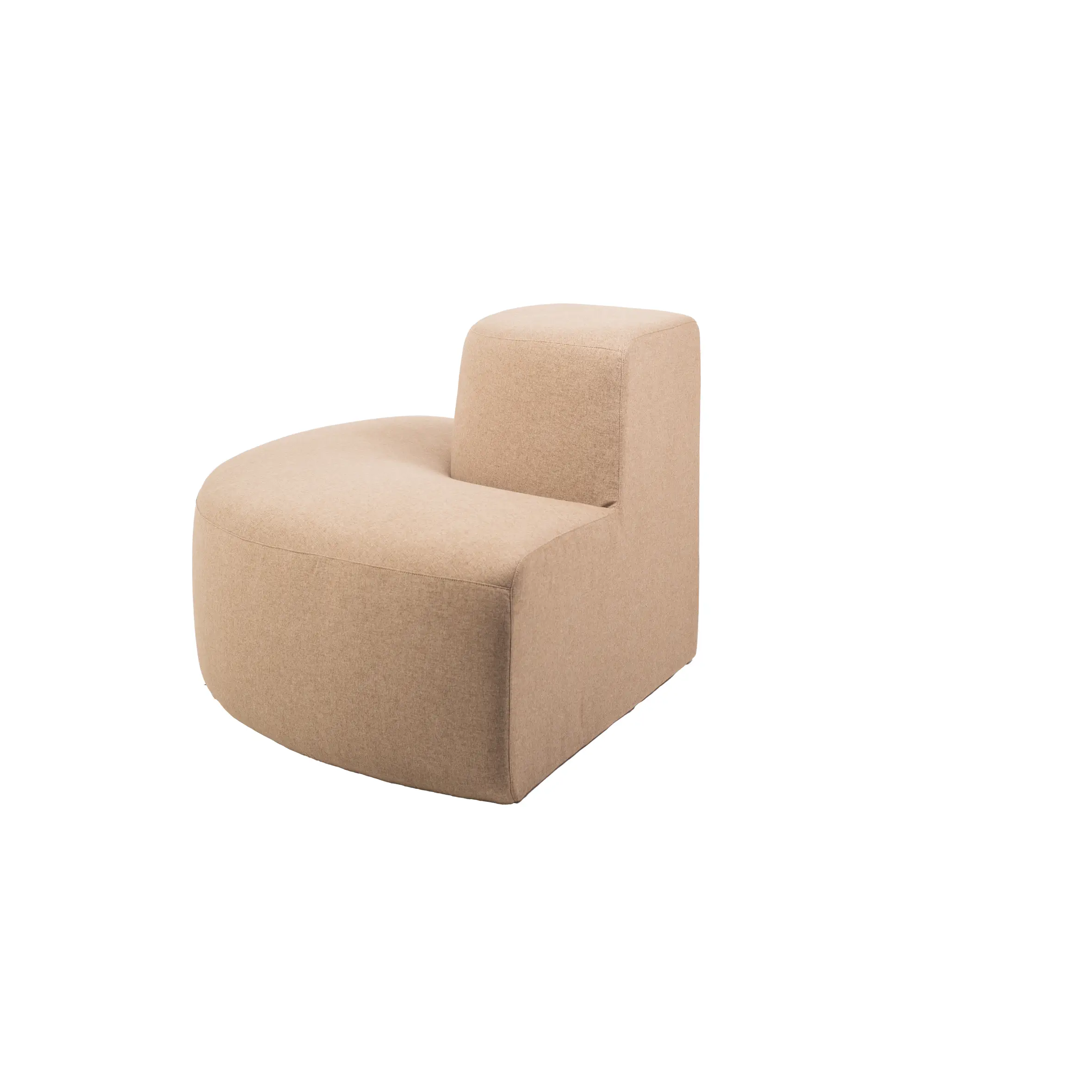 Modern lobby area with a beige curved sofa, wooden floor, and large potted plants. Floor-to-ceiling windows reveal a bright green outdoor view.