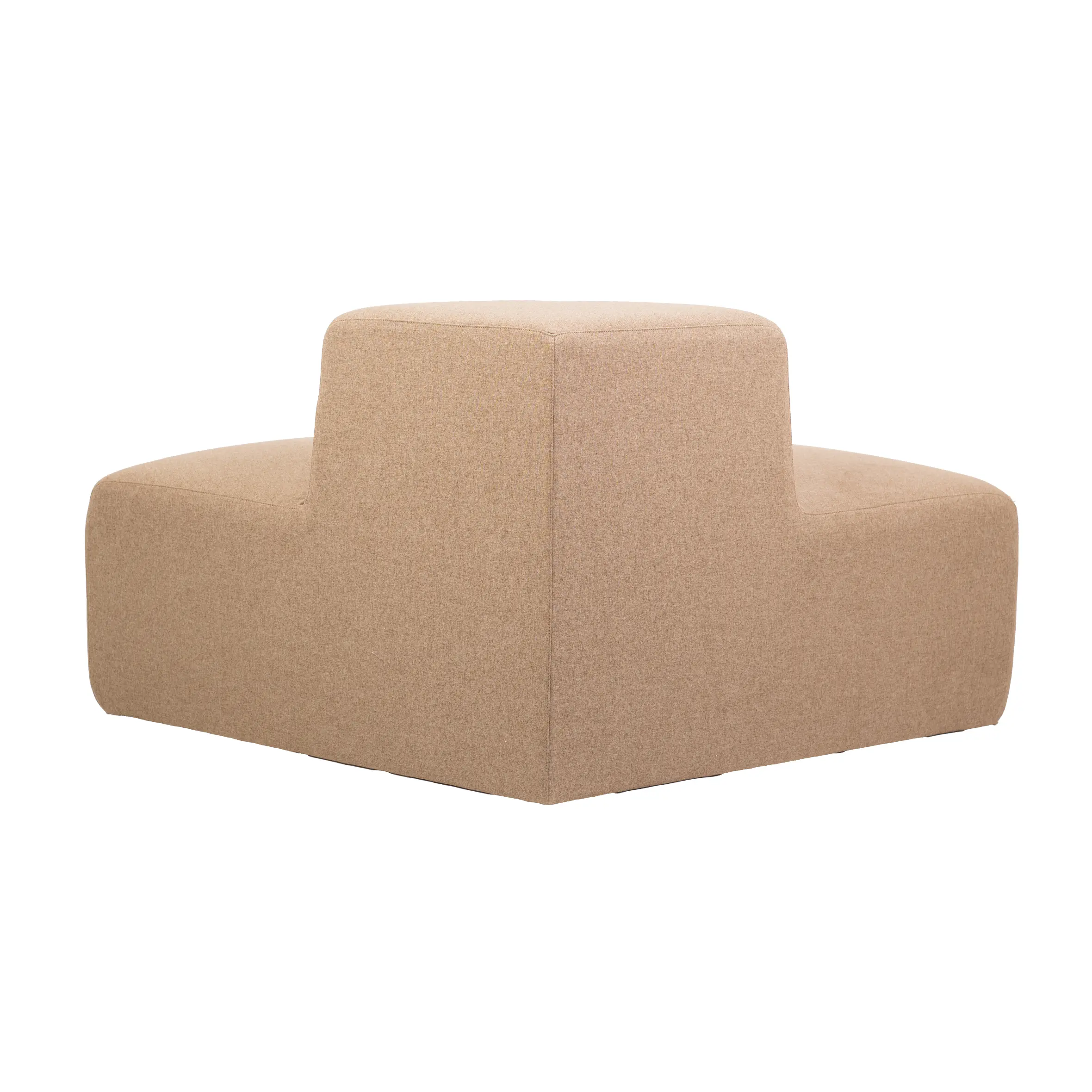 Modern lobby area with a beige curved sofa, wooden floor, and large potted plants. Floor-to-ceiling windows reveal a bright green outdoor view.