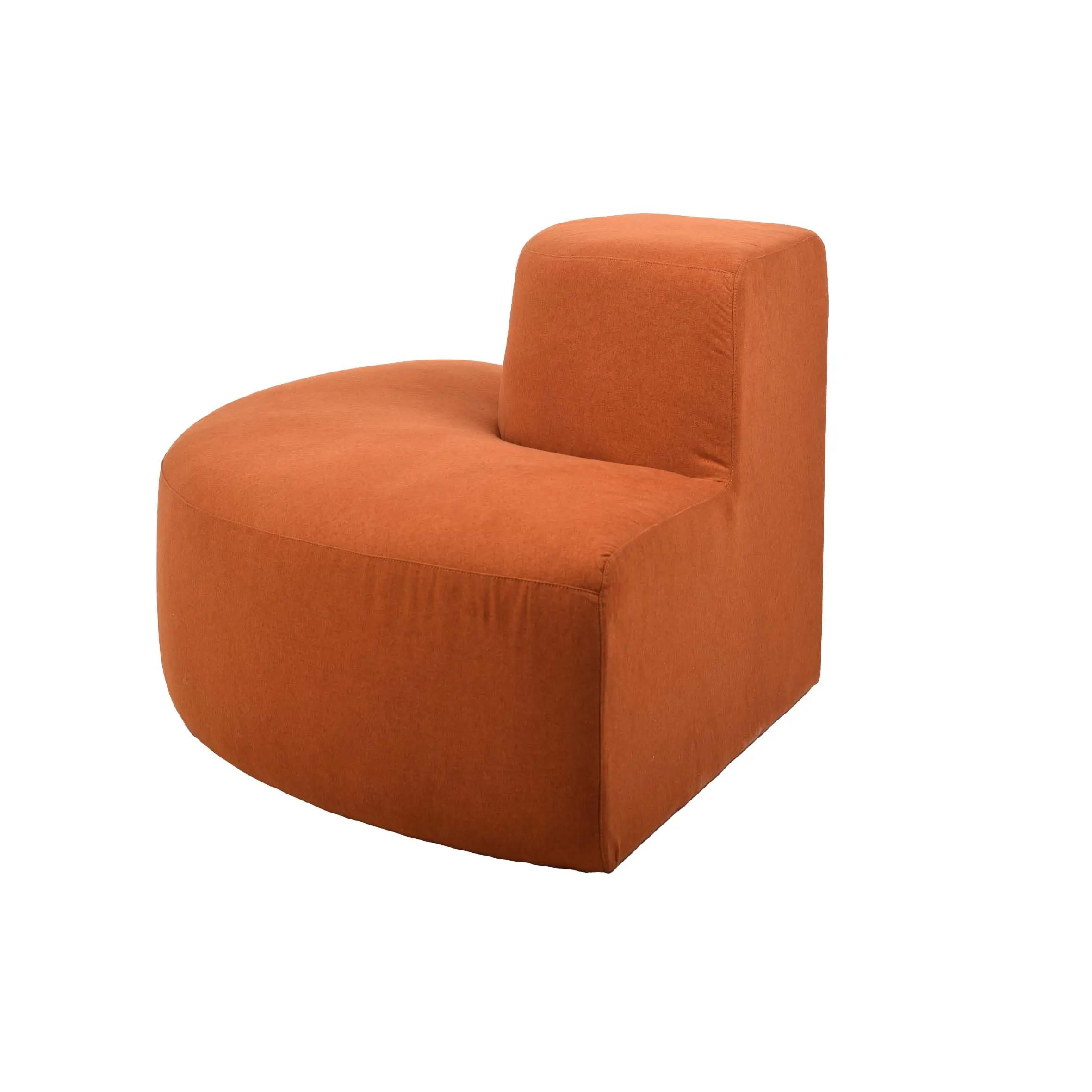 Spacious modern office with large windows, lush green plants, and wooden ceilings. Features a curved orange sofa and wood desks with gray chairs.