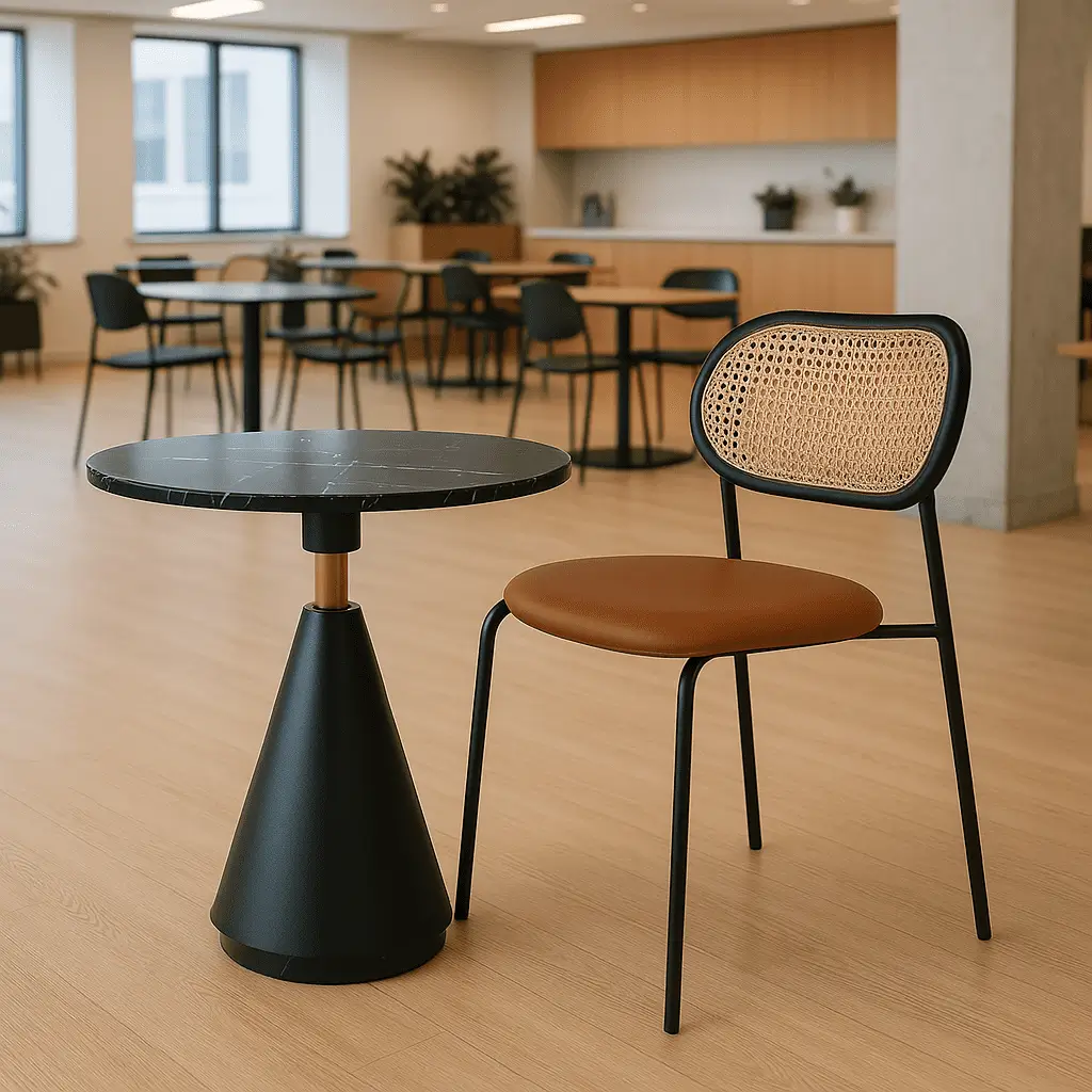 Modern cafe with wooden flooring, featuring a black marble-top table and a brown chair with a woven backrest. Minimalist and inviting atmosphere.