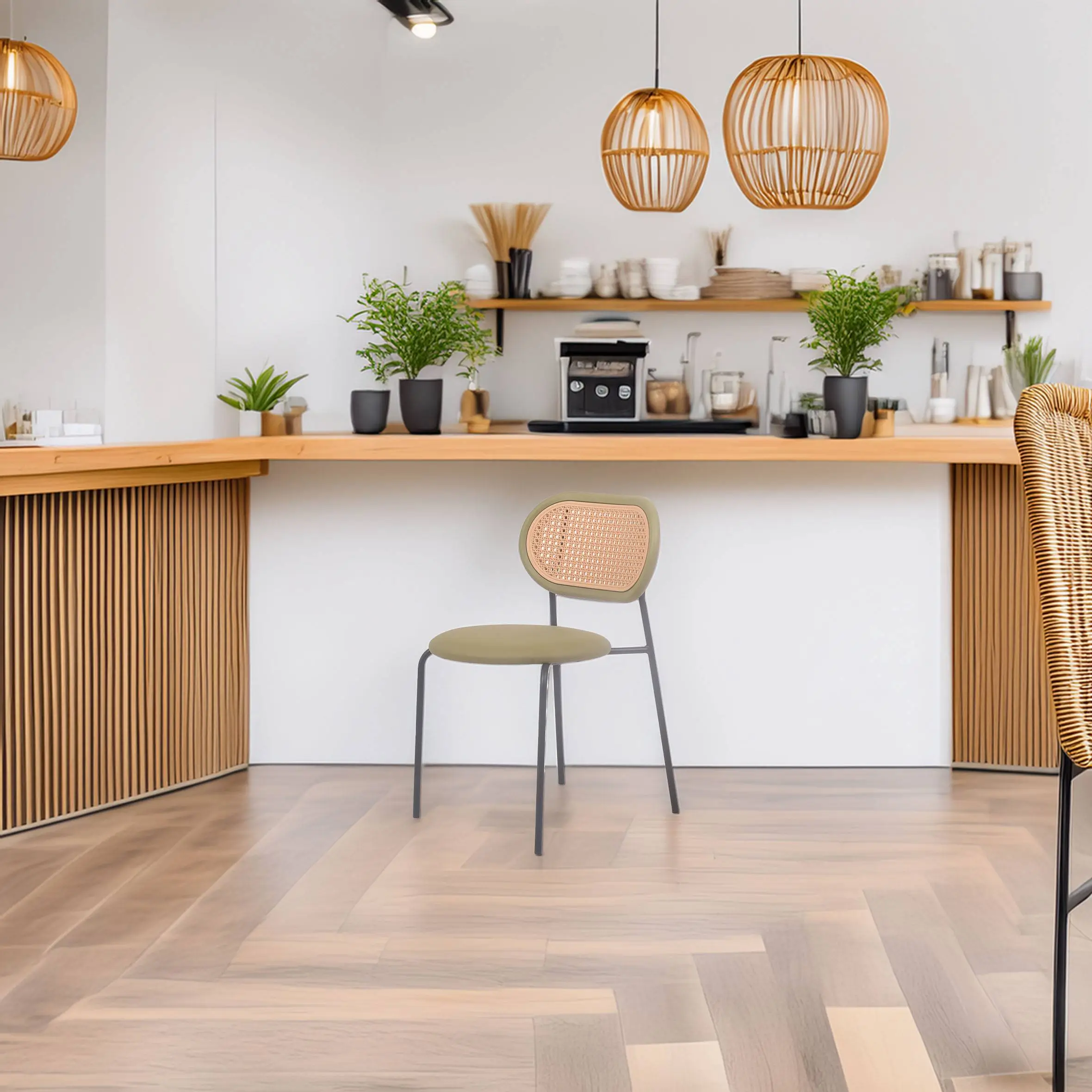 Modern kitchen with wooden accents, featuring a wicker chair, pendant lights, plants, and a coffee station on a sleek counter. Cozy, minimalist vibe.