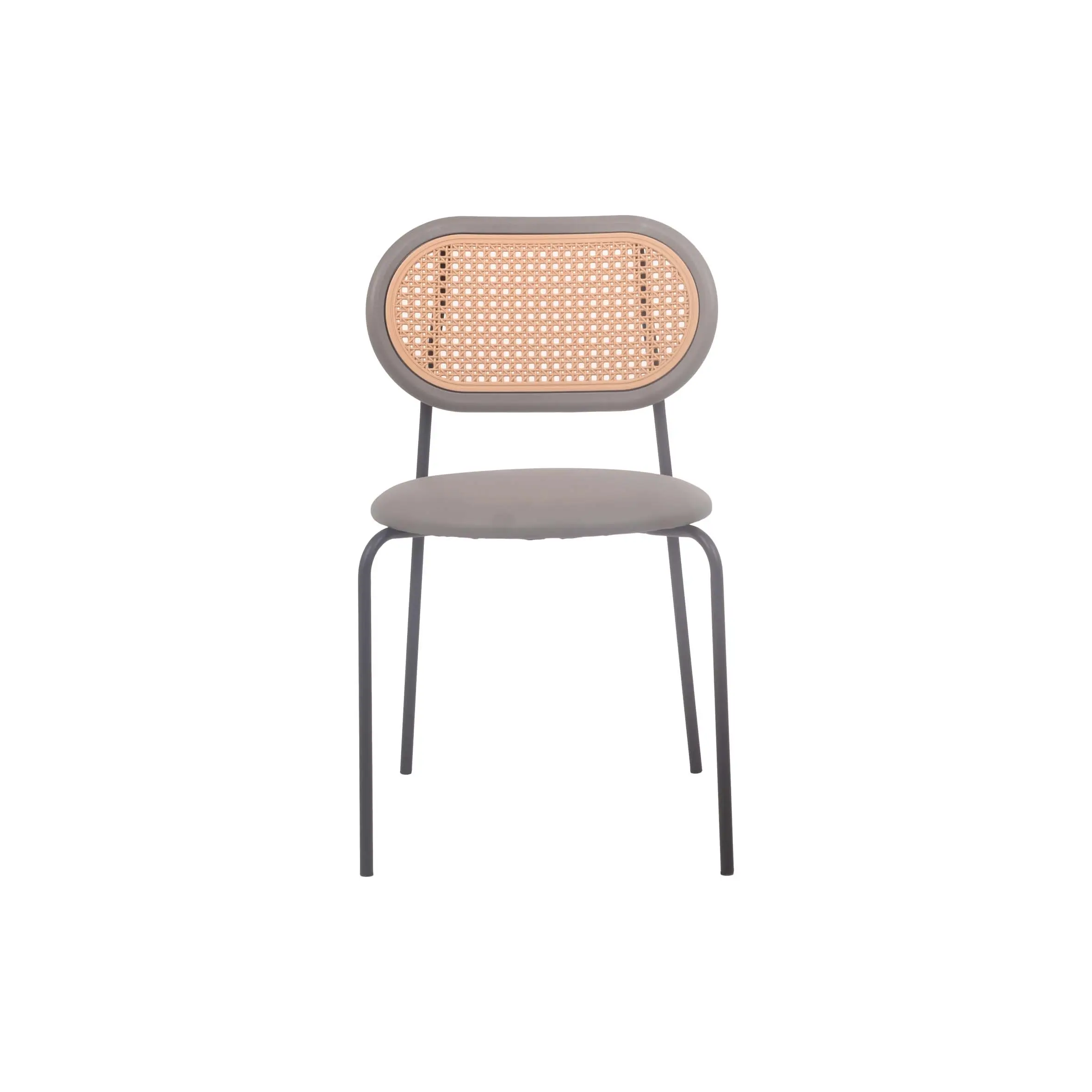 Modern interior with a sleek wooden chair, a minimalist wood and metal table, and a small plant on a textured counter. Hanging greenery adds freshness.