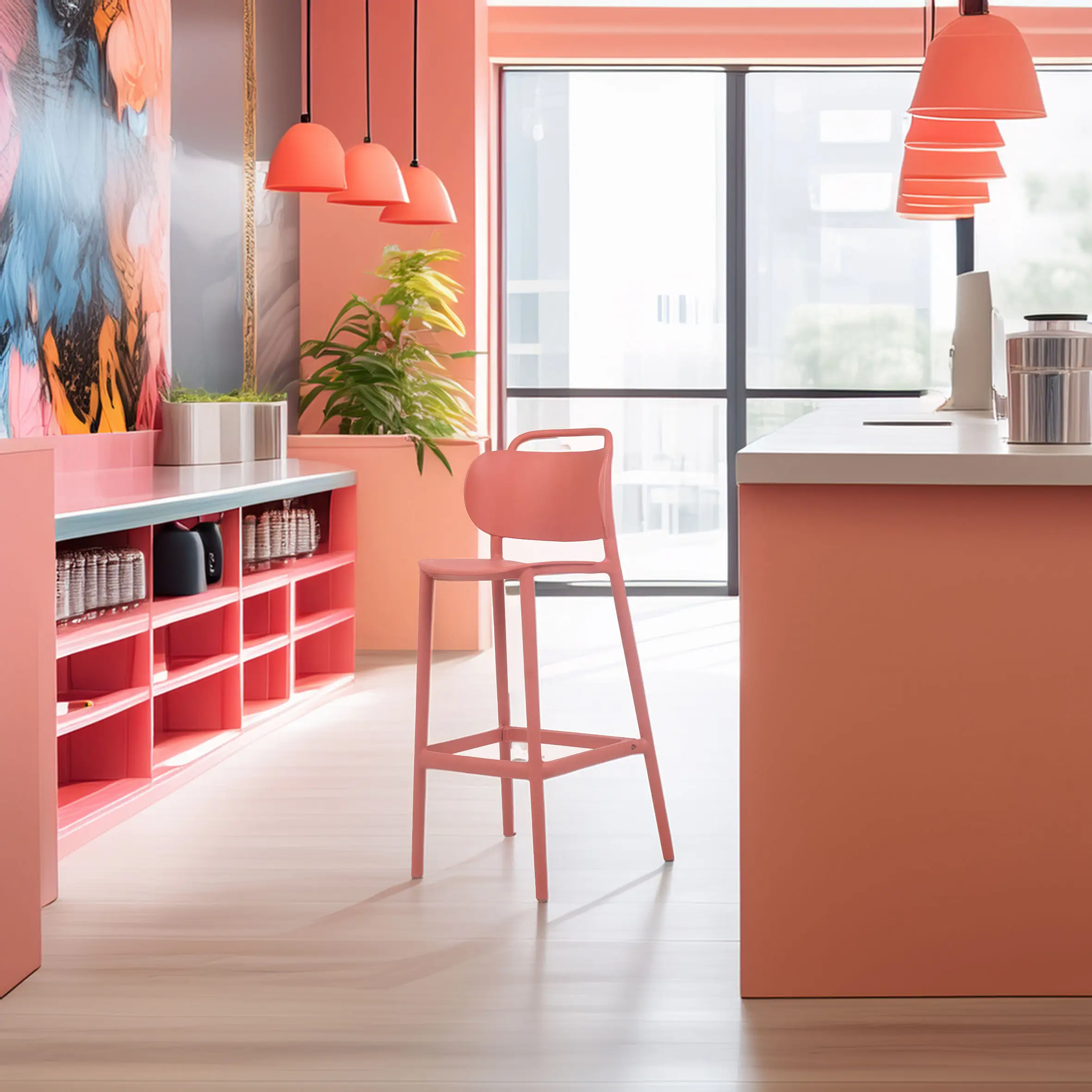 Modern kitchen in coral tones with sleek barstool, vibrant artwork, and pendant lights. Large windows and plants add brightness and freshness.