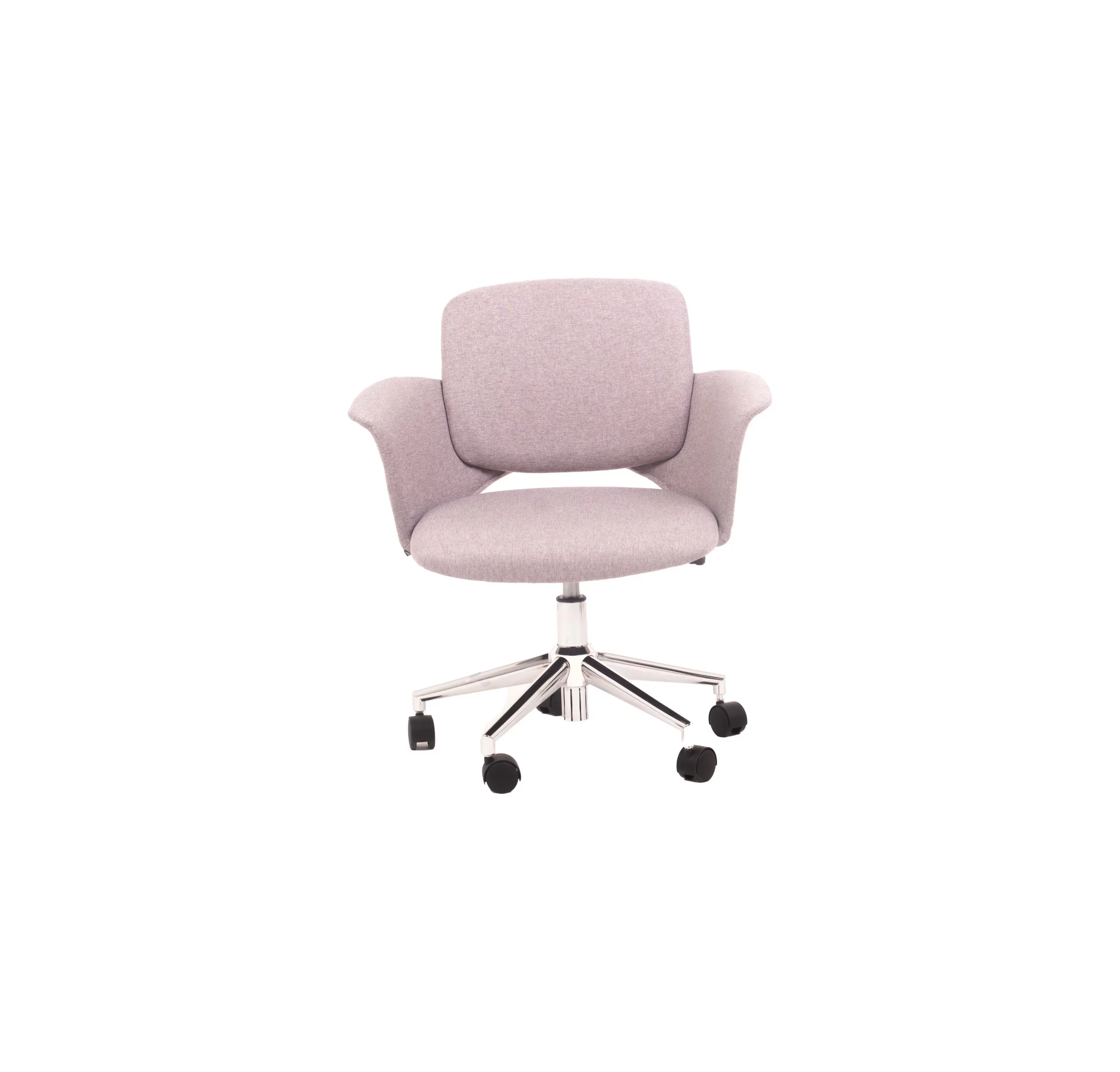 A cozy office chair with grey upholstery sits on a light wood floor near a modern desk with a laptop and green plants, creating a calm workspace vibe