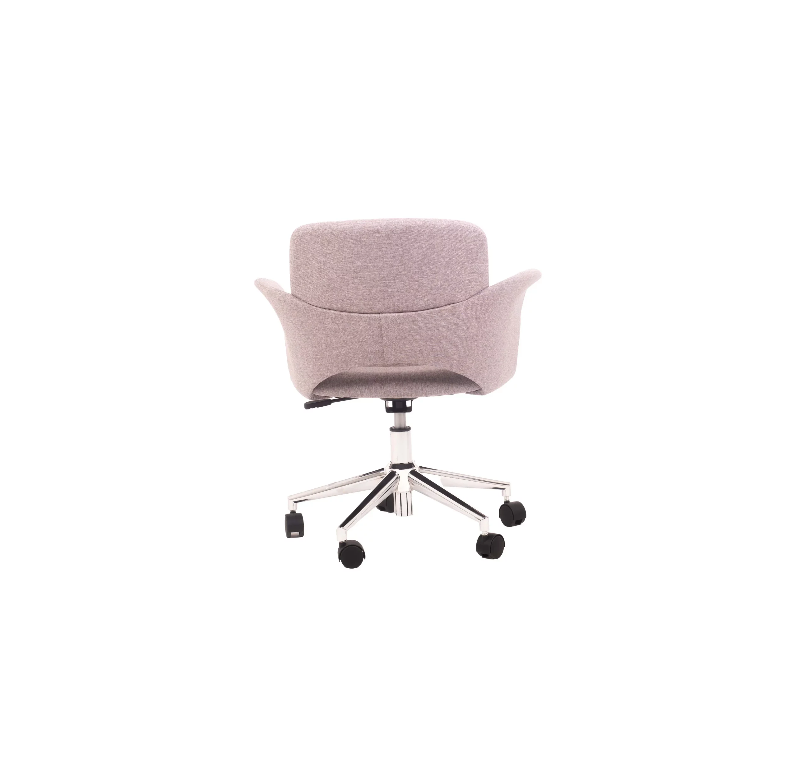 A cozy office chair with grey upholstery sits on a light wood floor near a modern desk with a laptop and green plants, creating a calm workspace vibe