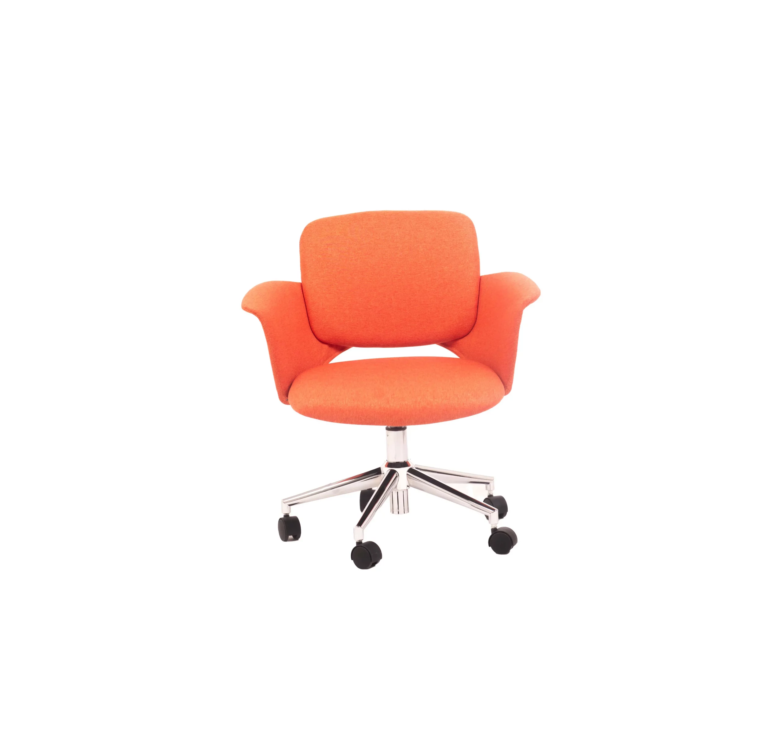 Bright office scene with an orange swivel chair on wooden floor, next to a sleek desk and bookshelf. Sunlight filters through blinds, creating a warm, welcoming vibe.