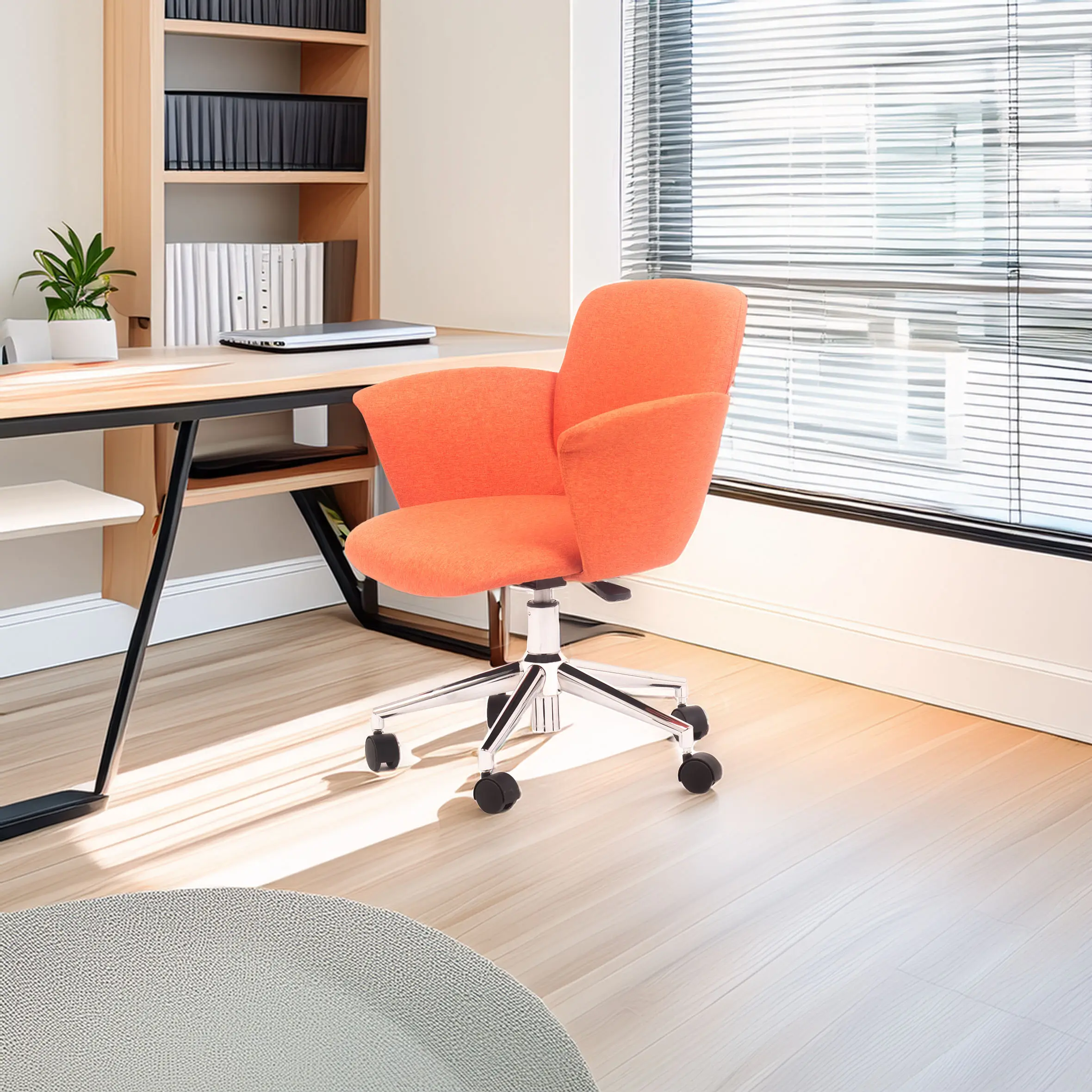 Bright office scene with an orange swivel chair on wooden floor, next to a sleek desk and bookshelf. Sunlight filters through blinds, creating a warm, welcoming vibe.