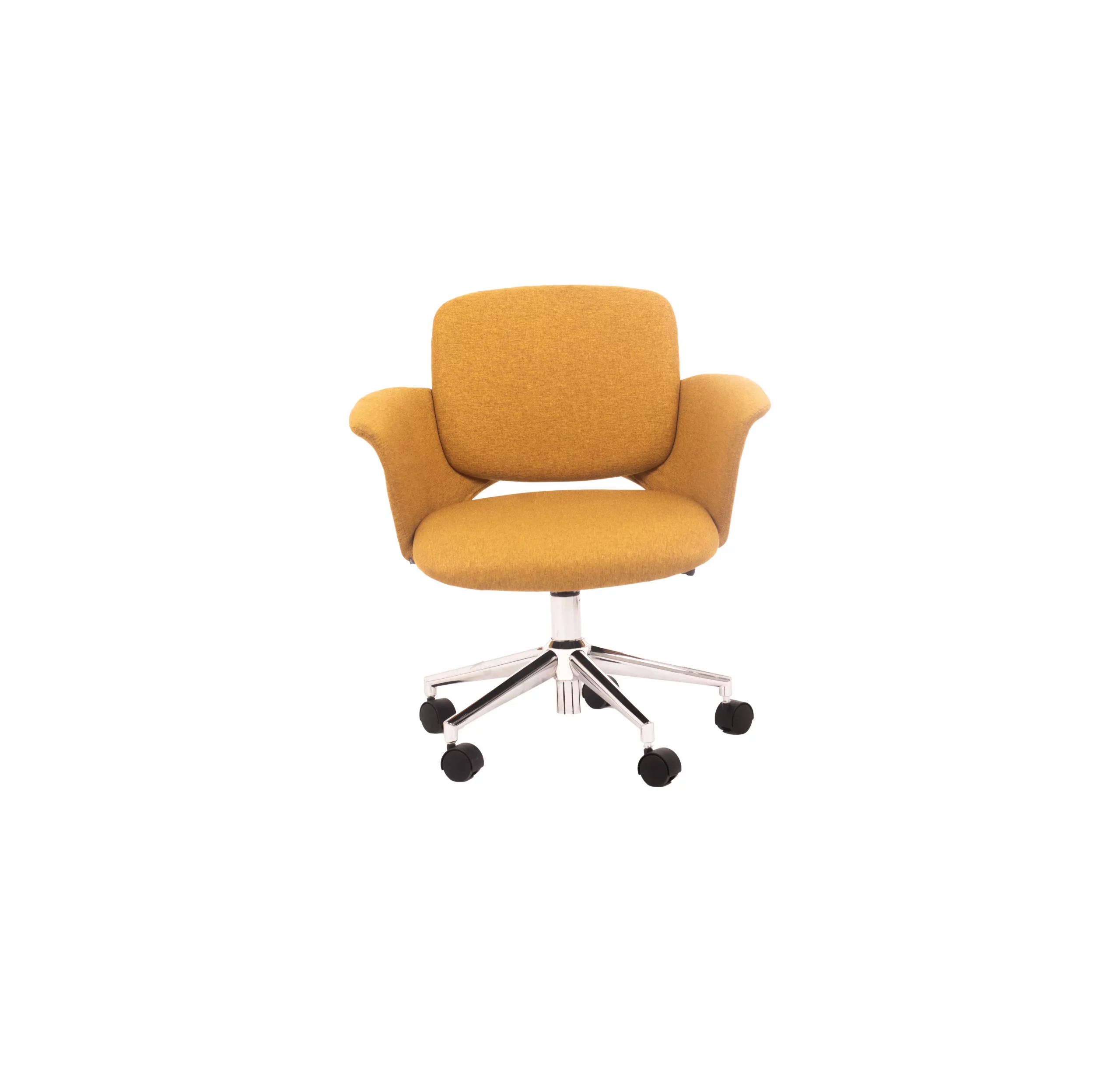 Modern office with vibrant yellow swivel chair on wooden floor. Sunlit desk with laptop, white rug, and plants next to a window with striped blinds.