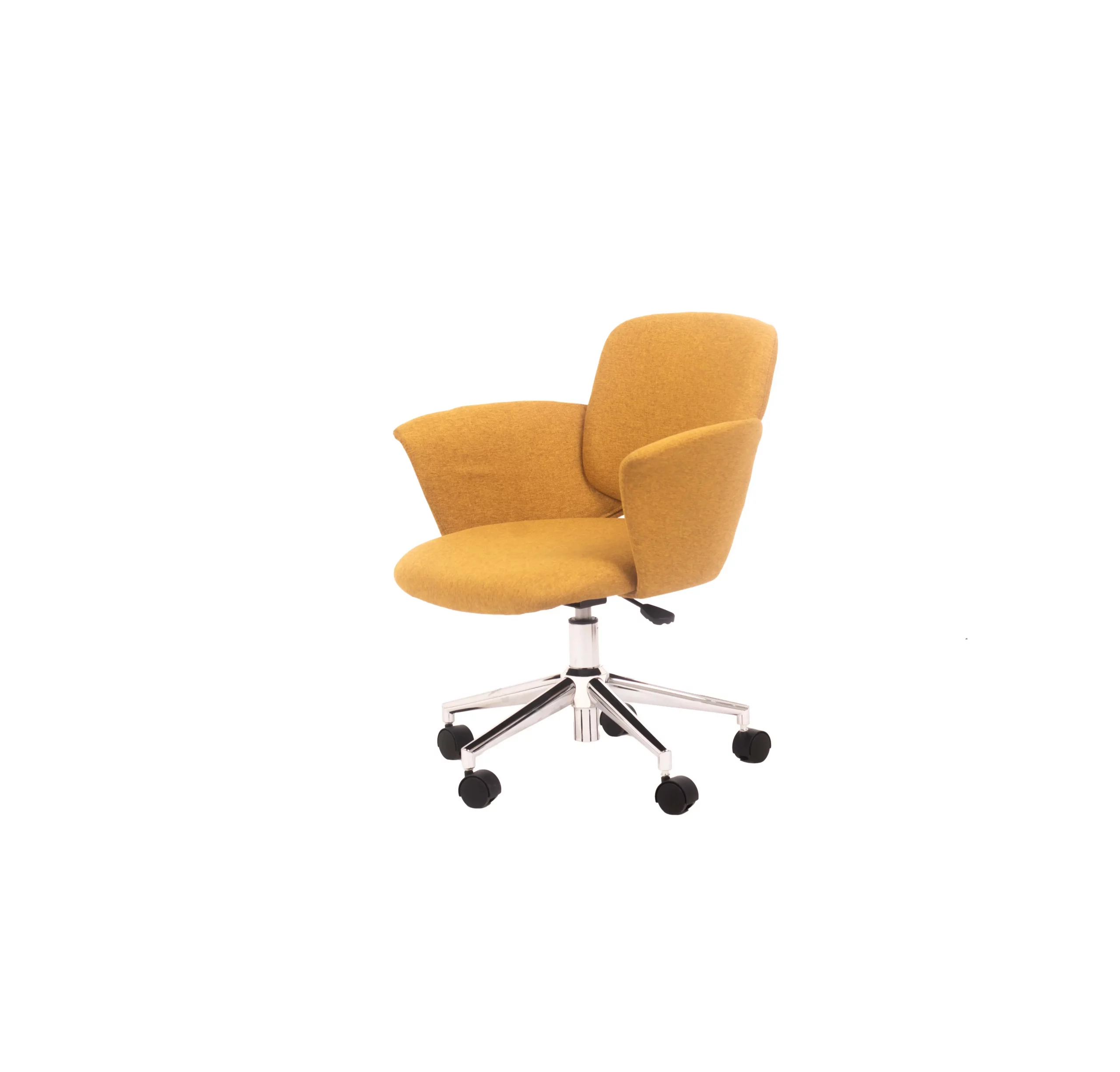 Modern office with vibrant yellow swivel chair on wooden floor. Sunlit desk with laptop, white rug, and plants next to a window with striped blinds.