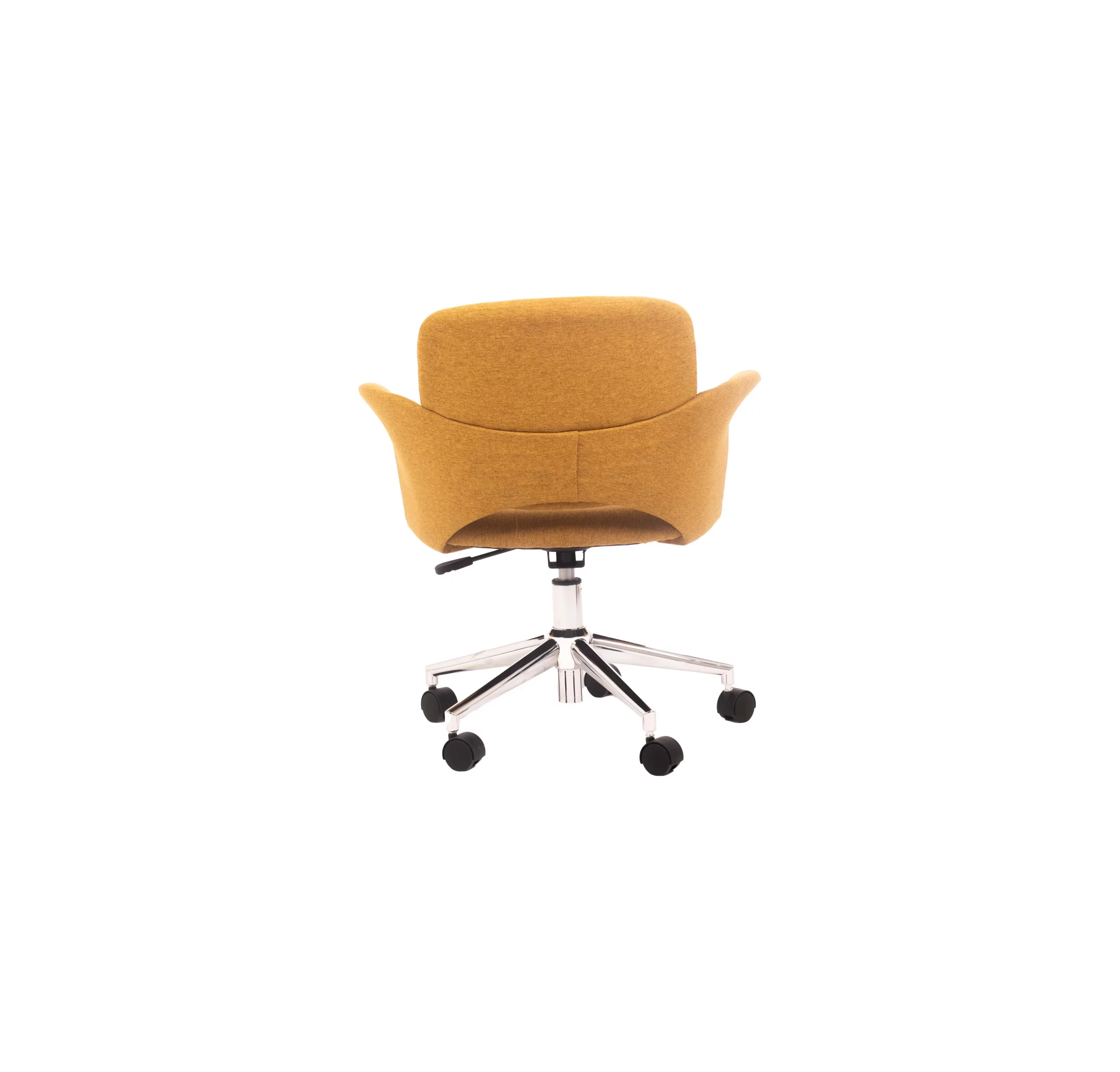 Modern office with vibrant yellow swivel chair on wooden floor. Sunlit desk with laptop, white rug, and plants next to a window with striped blinds.