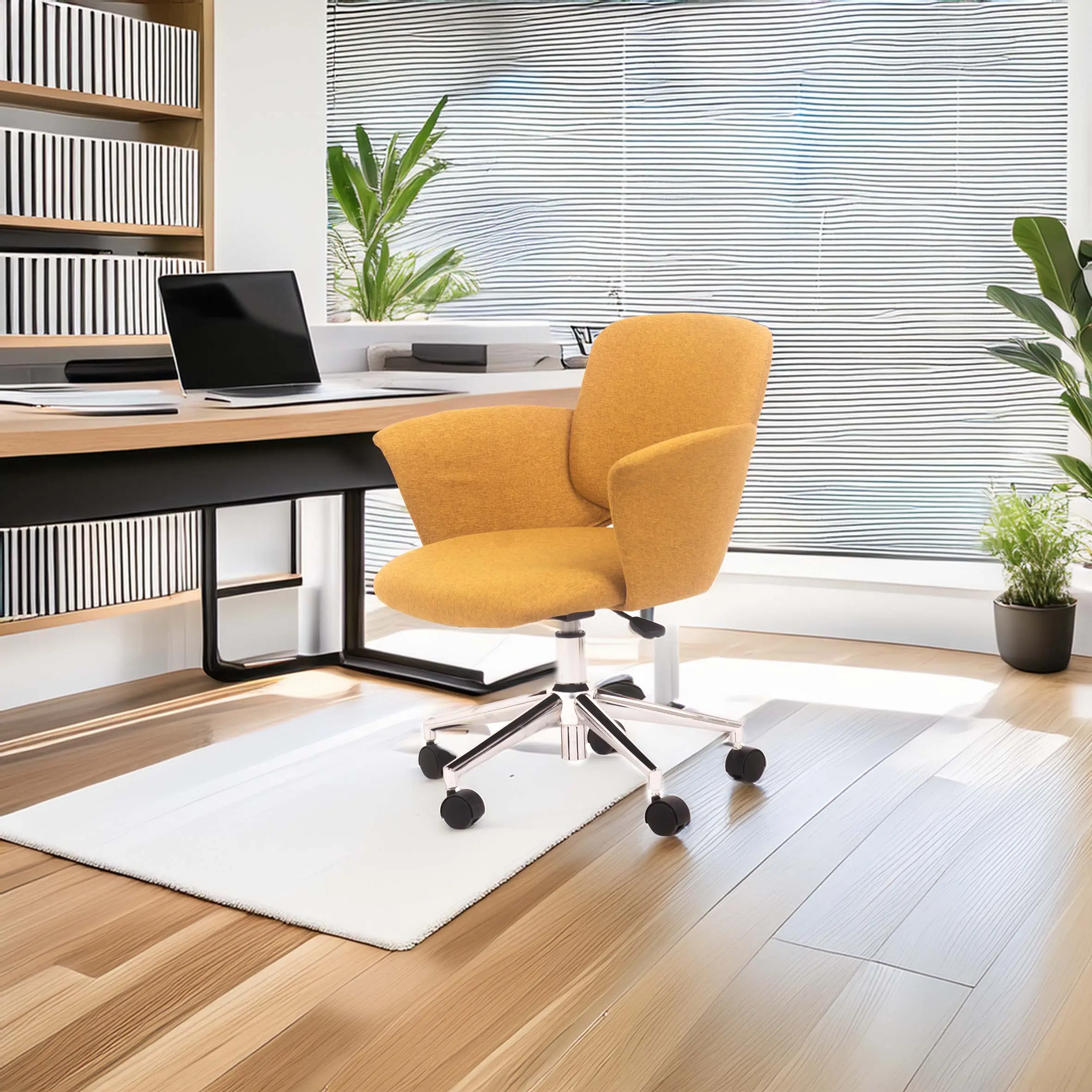 Modern office with vibrant yellow swivel chair on wooden floor. Sunlit desk with laptop, white rug, and plants next to a window with striped blinds.