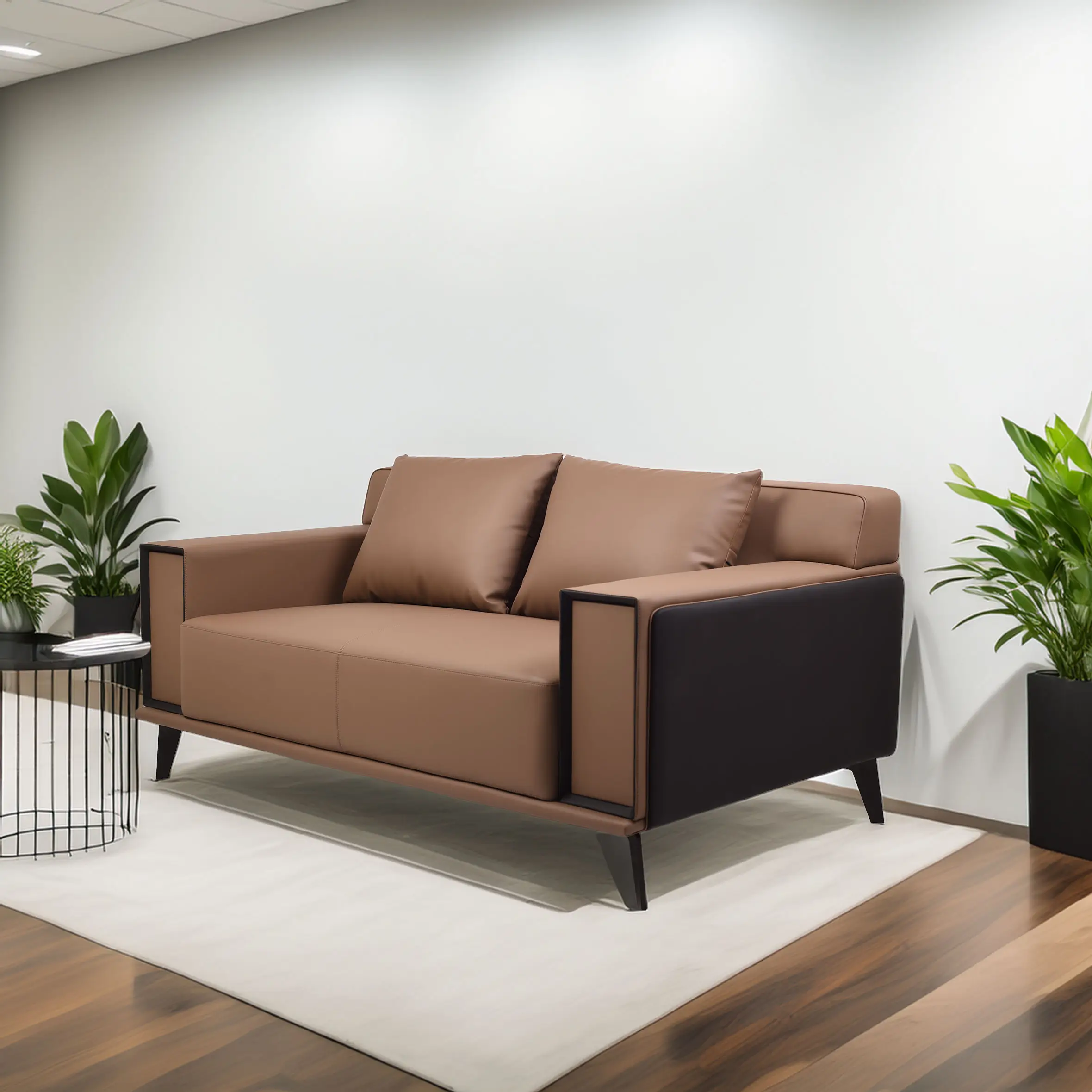 Brown and black modern sofa on a white rug in a minimalist room. Flanked by two green plants and a round black metal side table, conveying calmness.