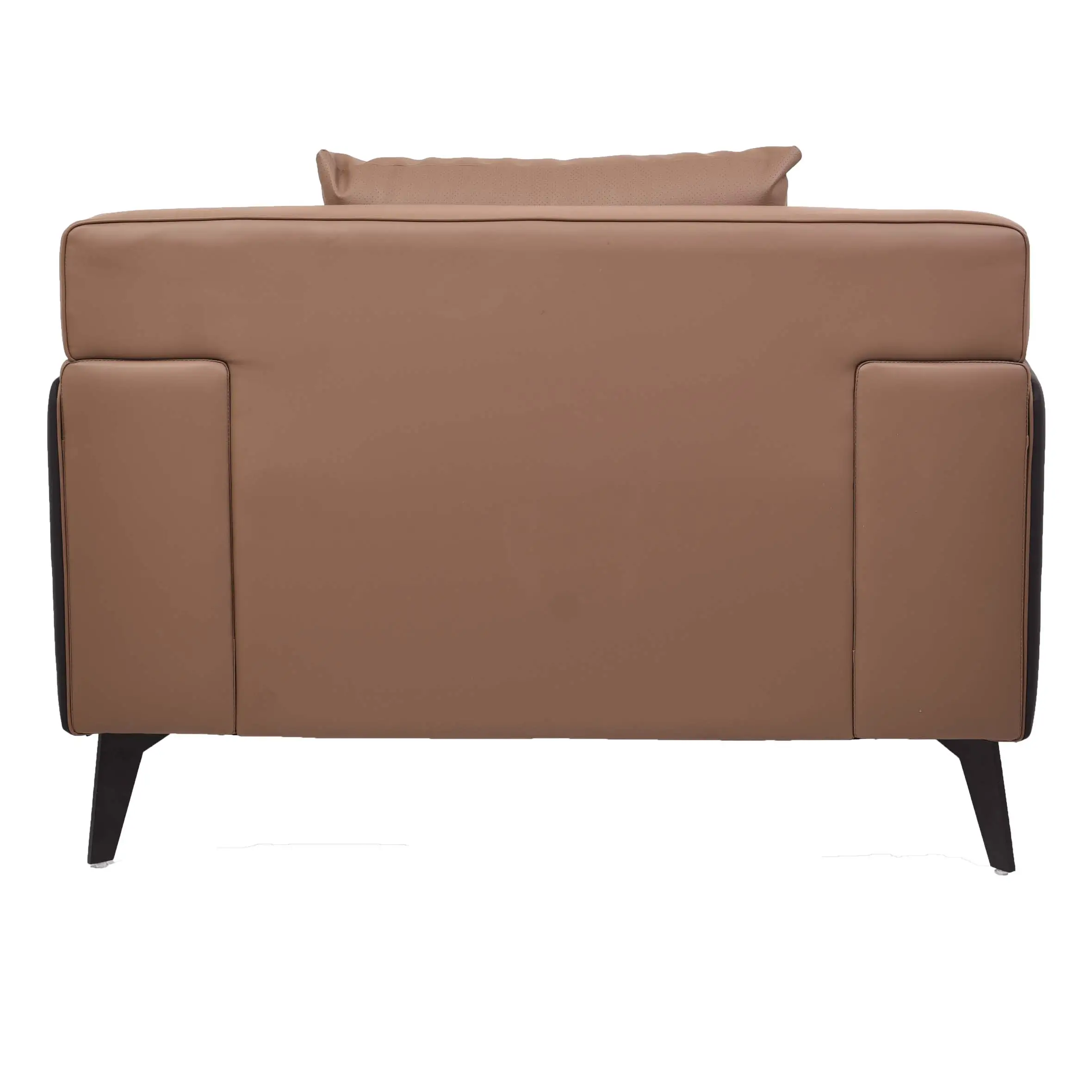 A modern armchair with brown cushions and black sides sits on a beige rug. A lush green plant is in a white pot beside a wall with vertical panels.