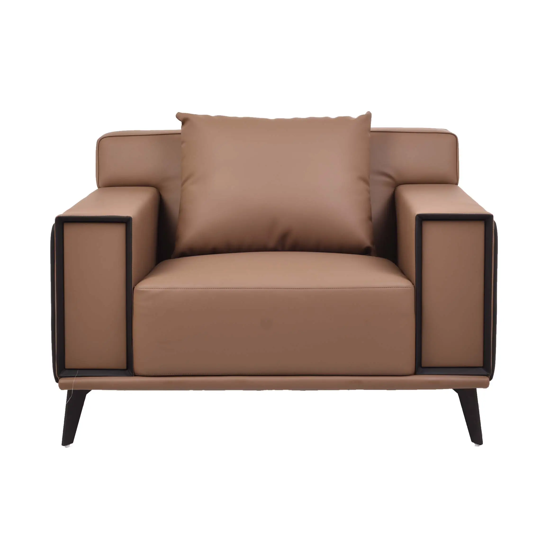 A modern armchair with brown cushions and black sides sits on a beige rug. A lush green plant is in a white pot beside a wall with vertical panels.