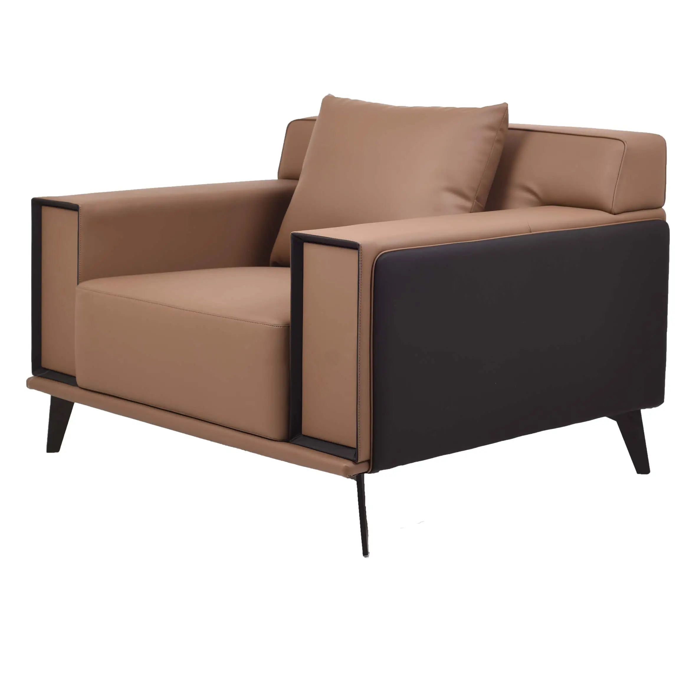 A modern armchair with brown cushions and black sides sits on a beige rug. A lush green plant is in a white pot beside a wall with vertical panels.