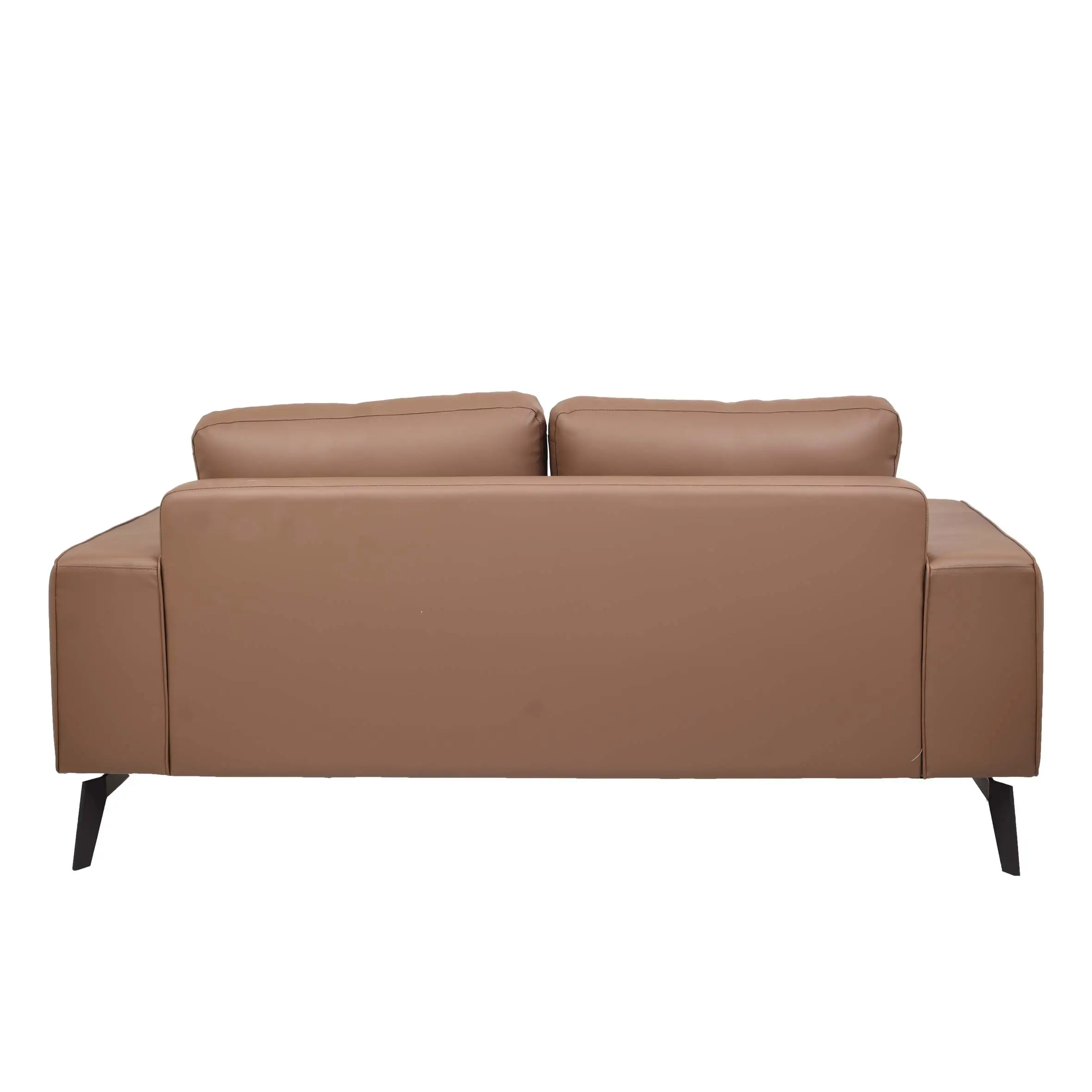 A modern office space with a brown leather sofa on a gray rug. Glass walls reveal desks, plants, and shelves, creating an inviting, professional atmosphere.