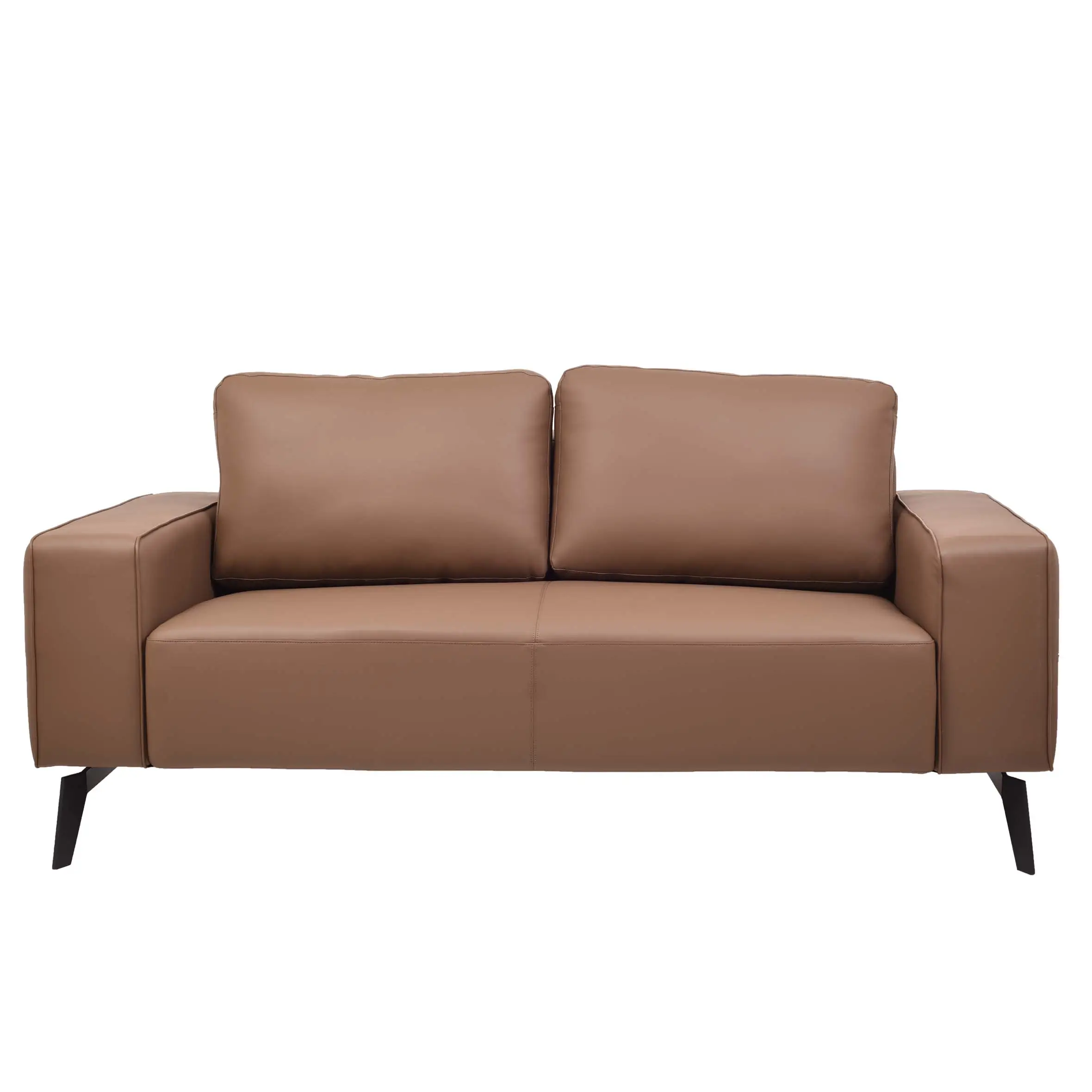 A modern office space with a brown leather sofa on a gray rug. Glass walls reveal desks, plants, and shelves, creating an inviting, professional atmosphere.