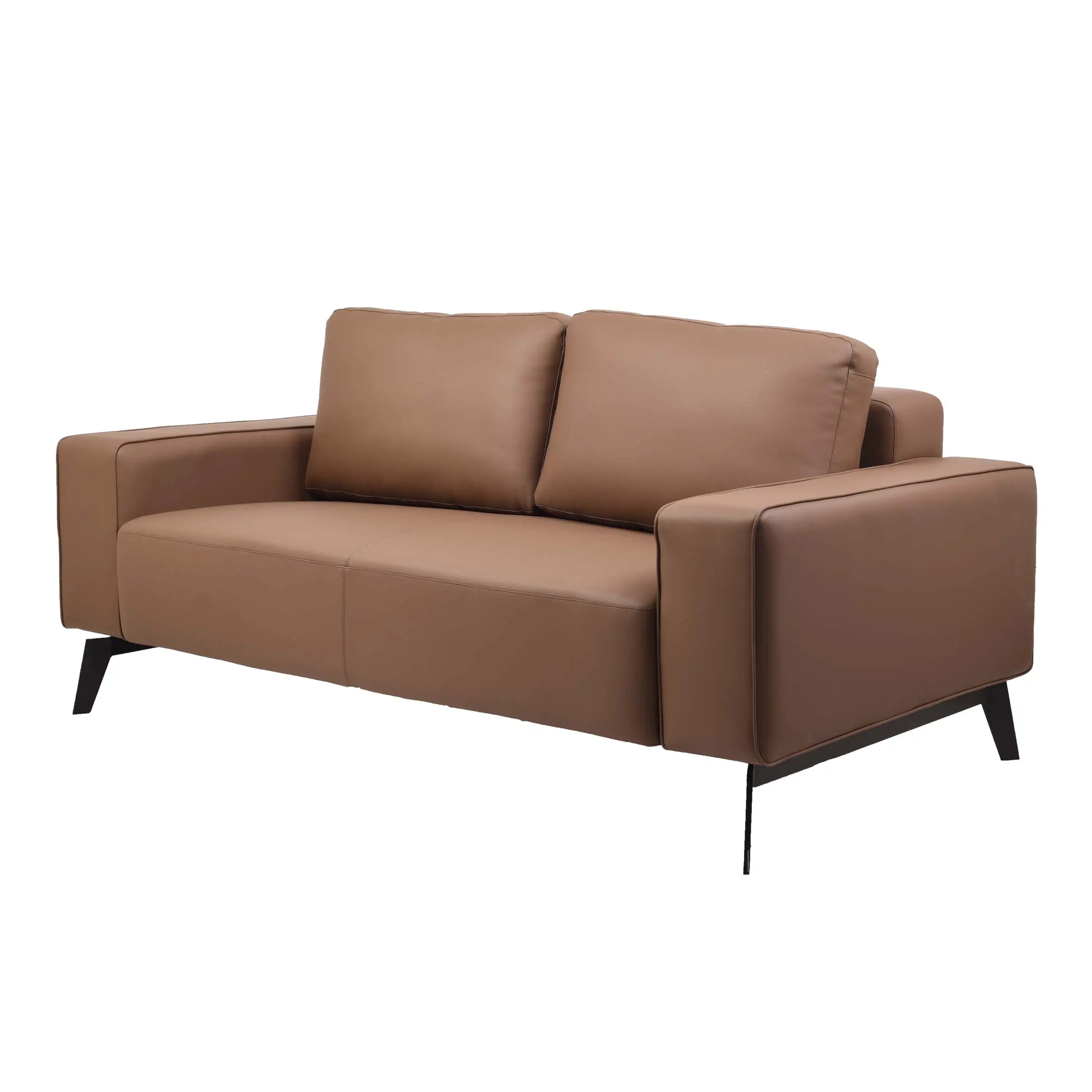 A modern office space with a brown leather sofa on a gray rug. Glass walls reveal desks, plants, and shelves, creating an inviting, professional atmosphere.