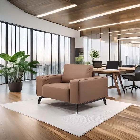 A modern office space with a brown leather sofa on a white rug, wooden floor, glass windows, and a sleek desk with a laptop. A calm, professional ambiance.