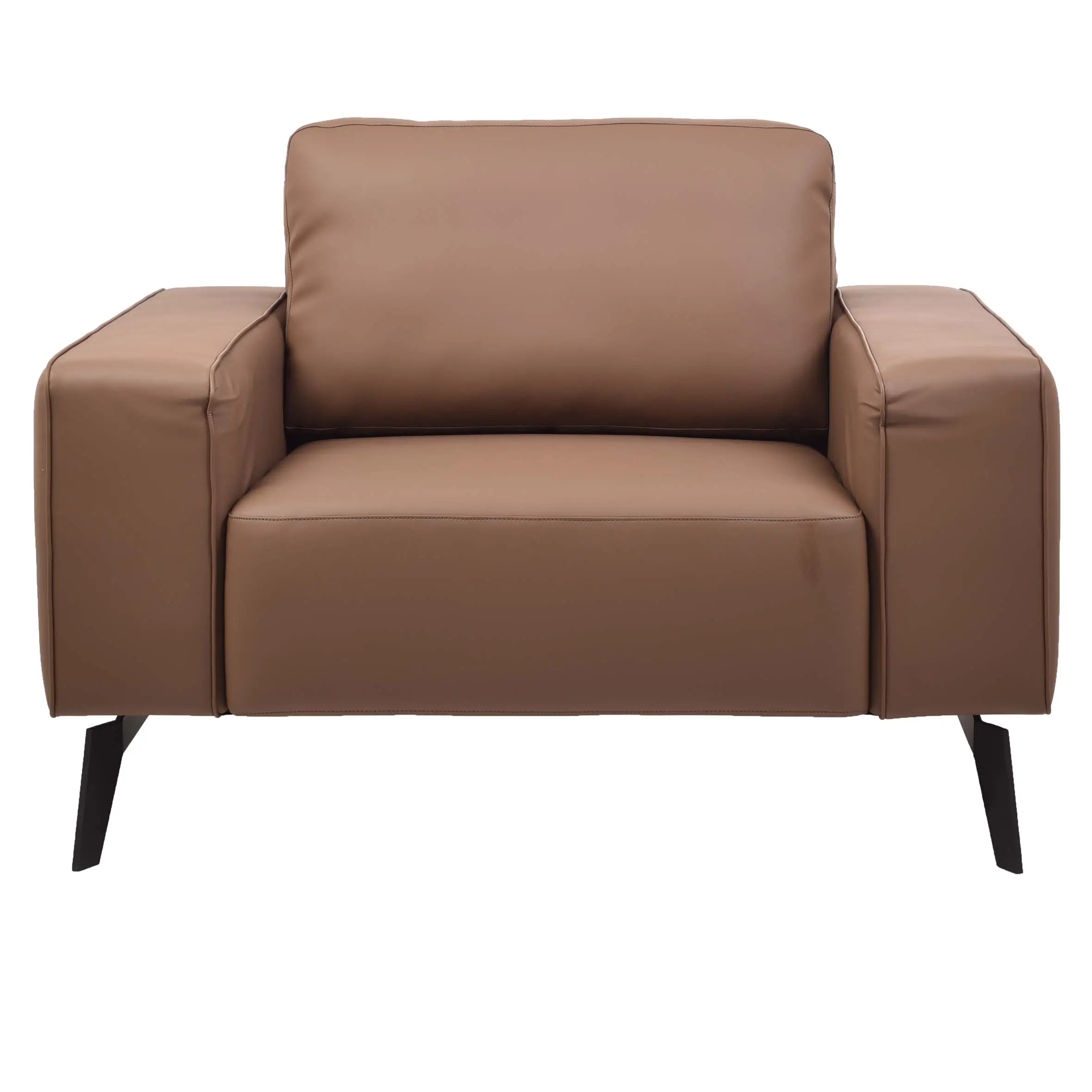 A modern office space with a brown leather sofa on a white rug, wooden floor, glass windows, and a sleek desk with a laptop. A calm, professional ambiance.