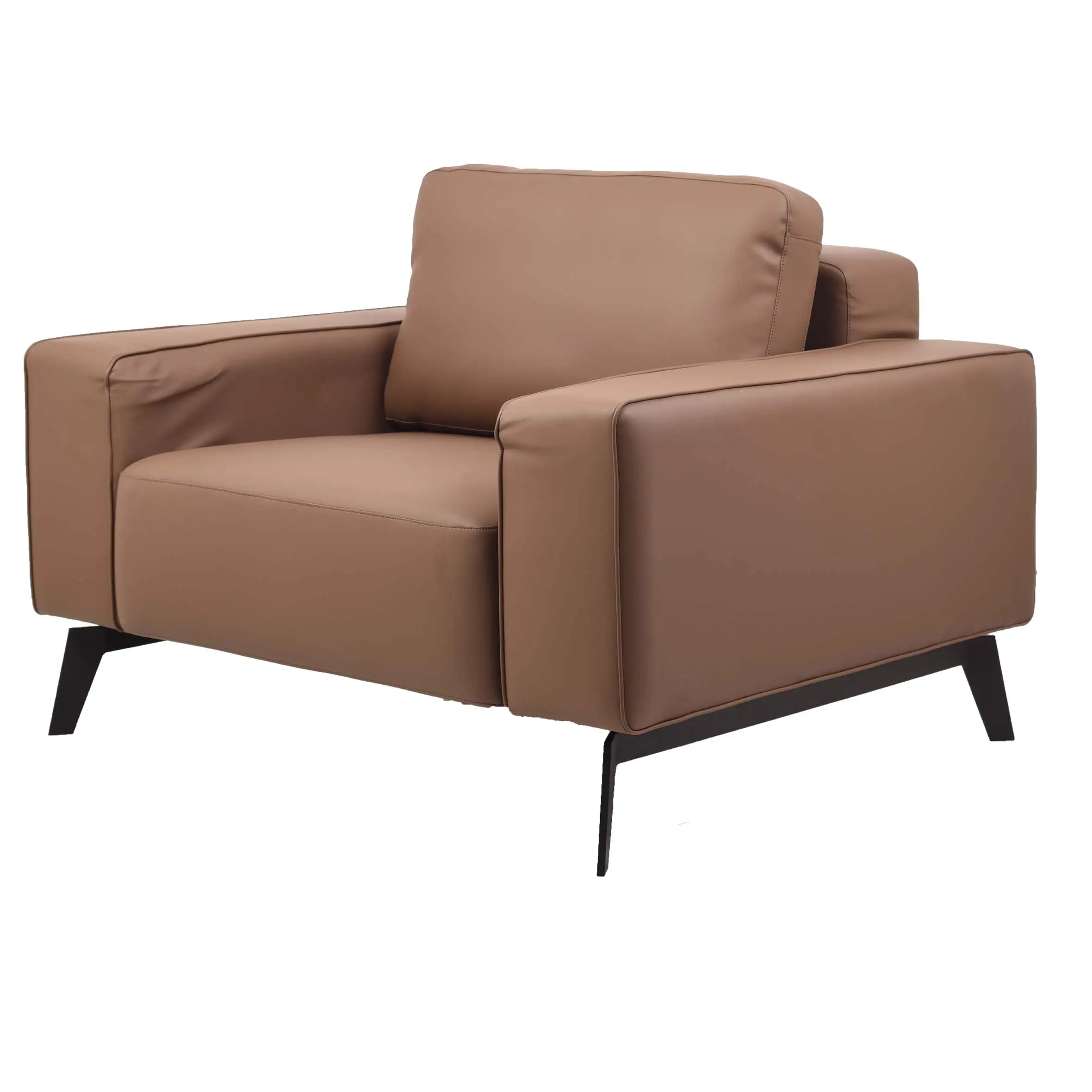 A modern office space with a brown leather sofa on a white rug, wooden floor, glass windows, and a sleek desk with a laptop. A calm, professional ambiance.