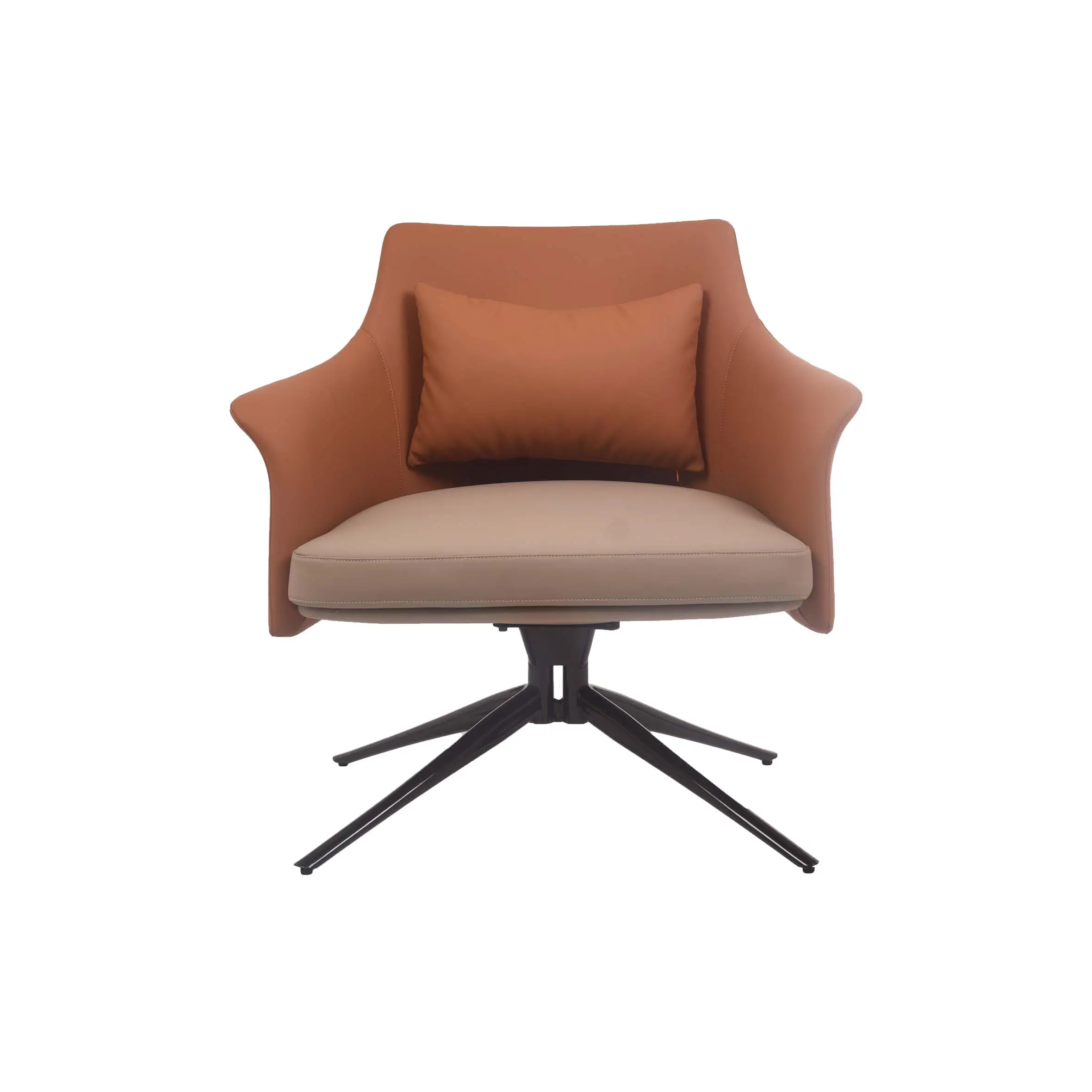 Modern office with a tan swivel chair and a sleek desk featuring a laptop, plant, and clock. Large windows offer a cityscape view under cloudy skies.