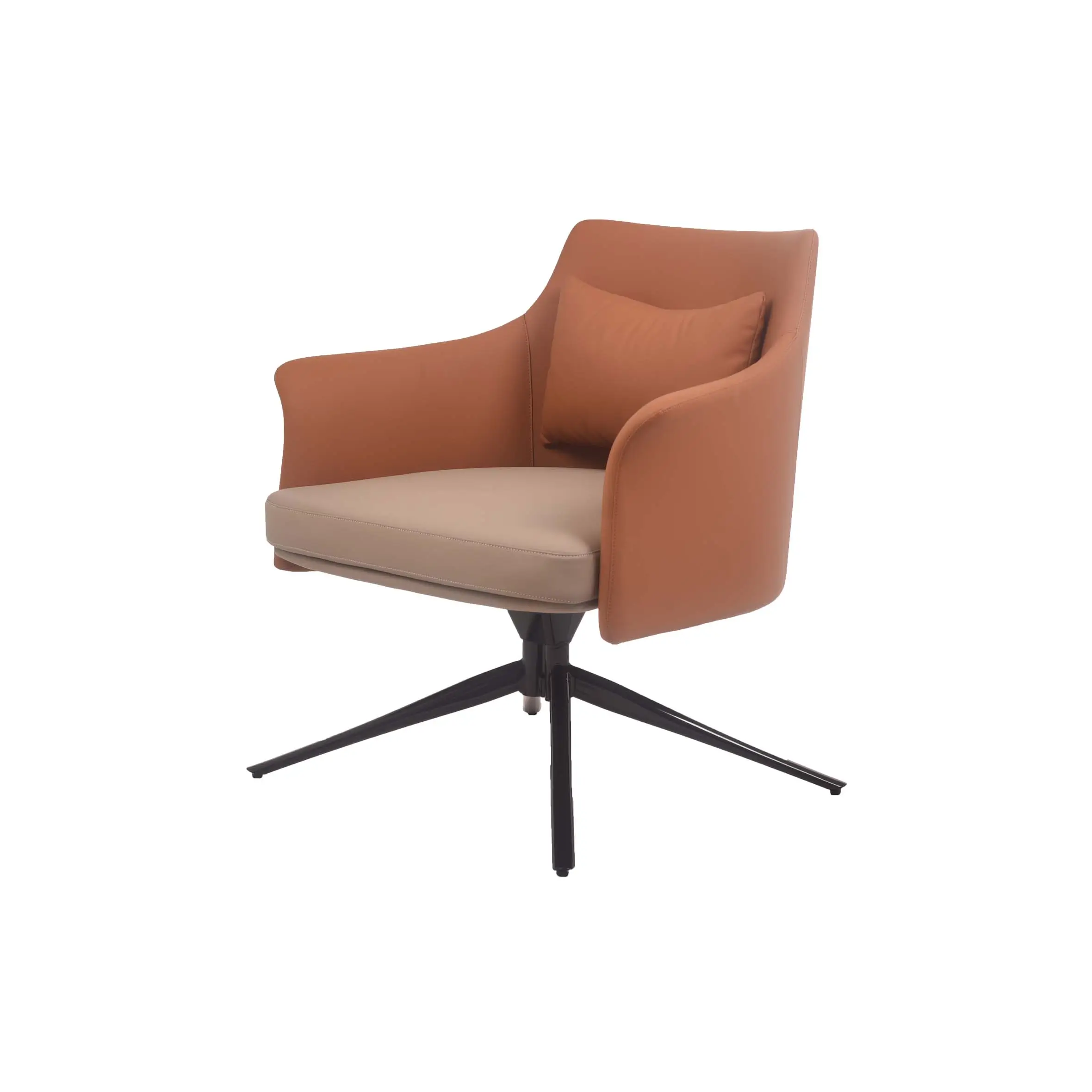 Modern office with a tan swivel chair and a sleek desk featuring a laptop, plant, and clock. Large windows offer a cityscape view under cloudy skies.