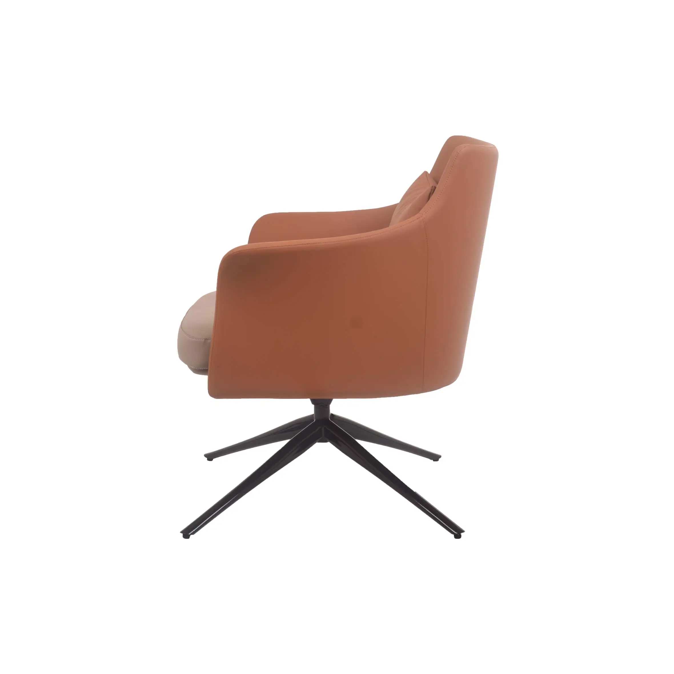 Modern office with a tan swivel chair and a sleek desk featuring a laptop, plant, and clock. Large windows offer a cityscape view under cloudy skies.