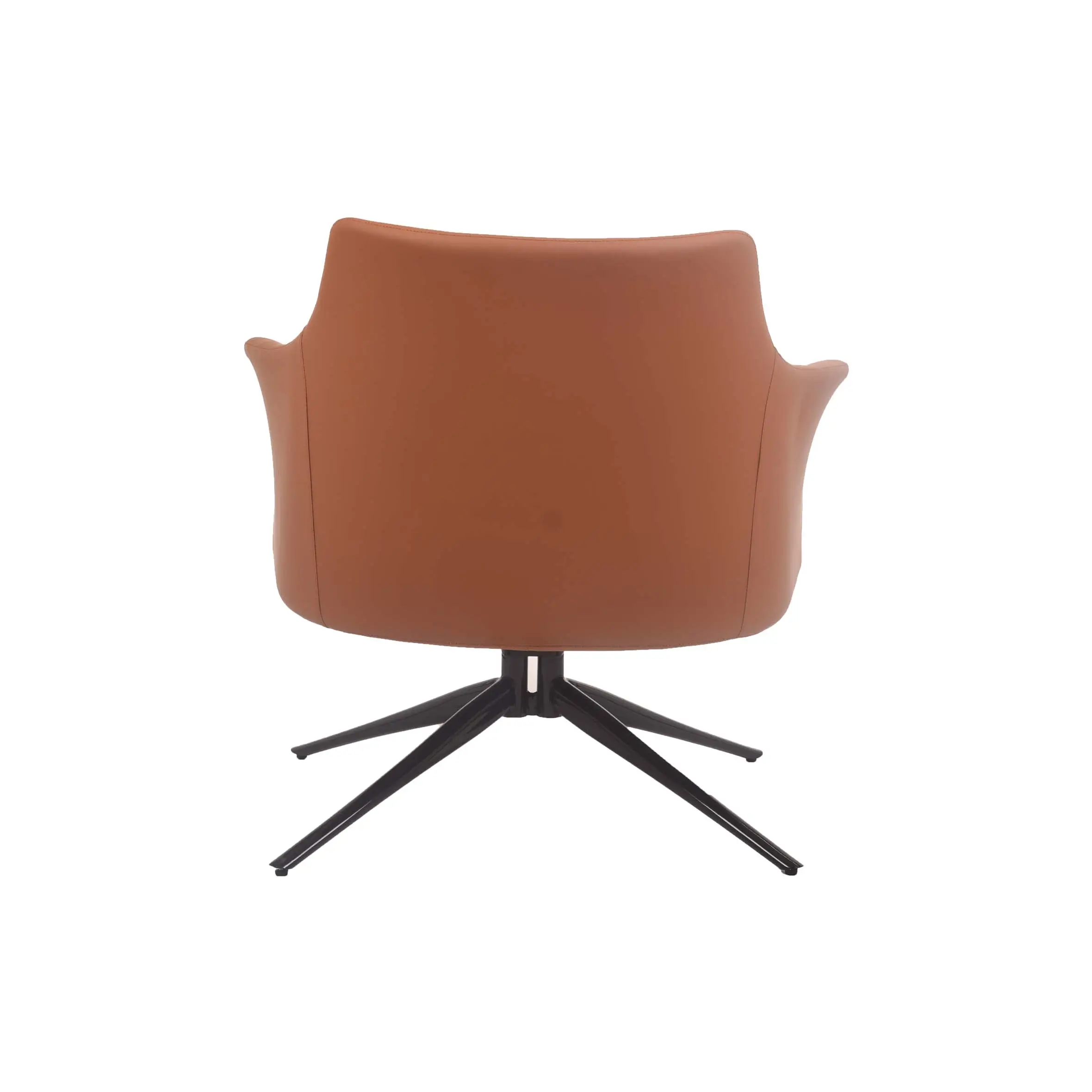 Modern office with a tan swivel chair and a sleek desk featuring a laptop, plant, and clock. Large windows offer a cityscape view under cloudy skies.