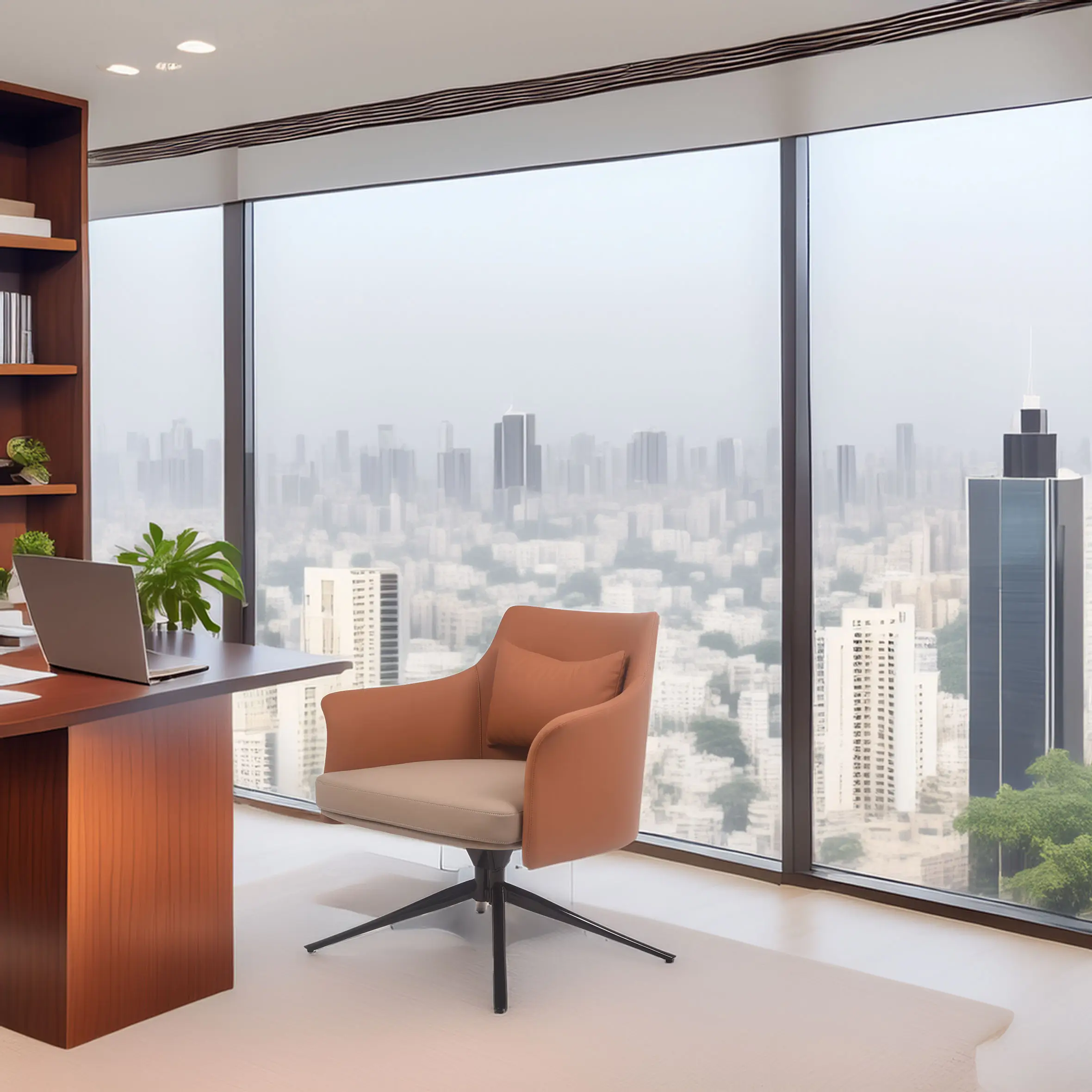 Modern office with a tan swivel chair and a sleek desk featuring a laptop, plant, and clock. Large windows offer a cityscape view under cloudy skies.