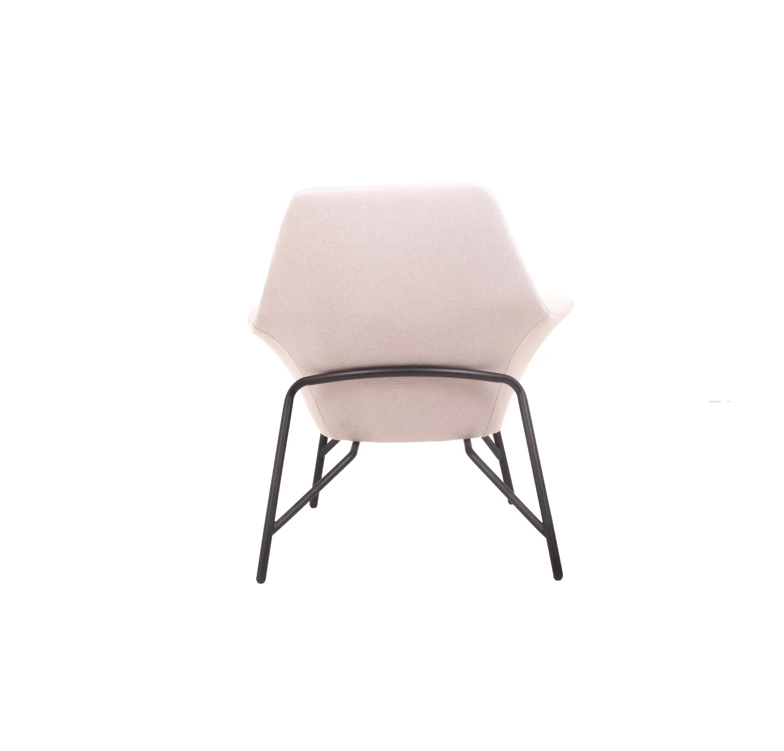 Modern interior with a beige armchair on a light rug, beside a potted plant. Shelving in the background holds books and decor, creating a calm atmosphere.