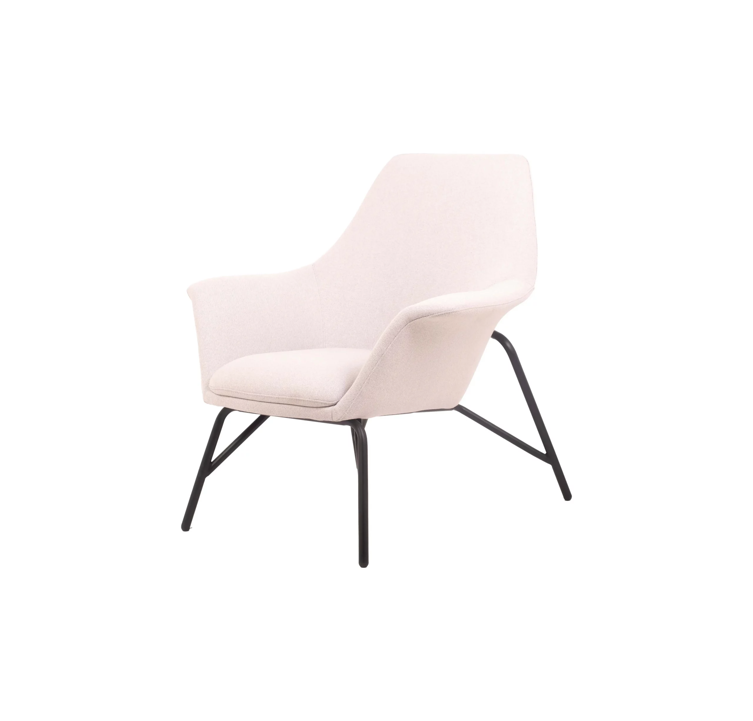 Modern interior with a beige armchair on a light rug, beside a potted plant. Shelving in the background holds books and decor, creating a calm atmosphere.