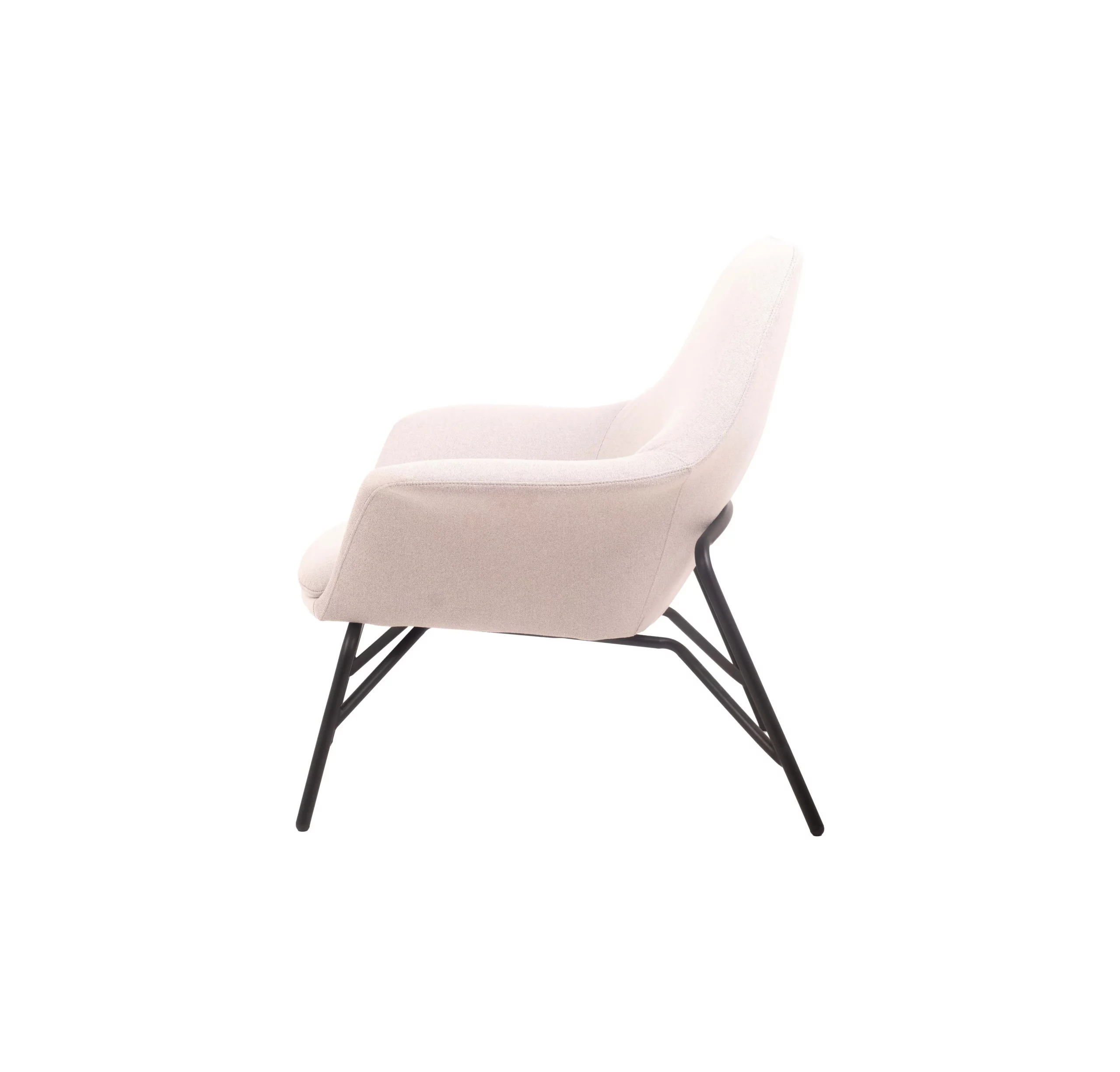 Modern interior with a beige armchair on a light rug, beside a potted plant. Shelving in the background holds books and decor, creating a calm atmosphere.