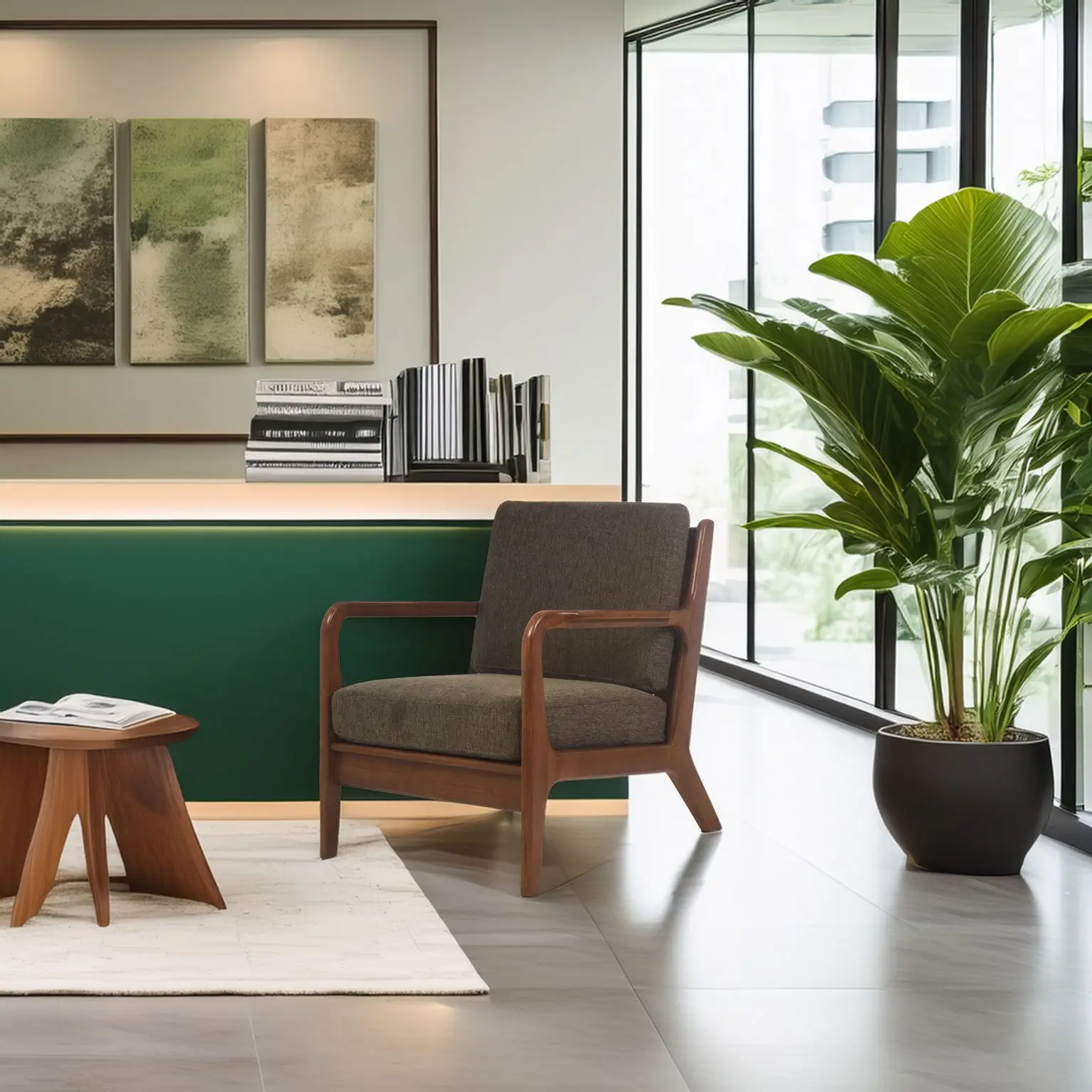 Cozy modern office area with a wooden chair, small round table with a magazine, and a large potted plant. Natural light filters through glass walls.