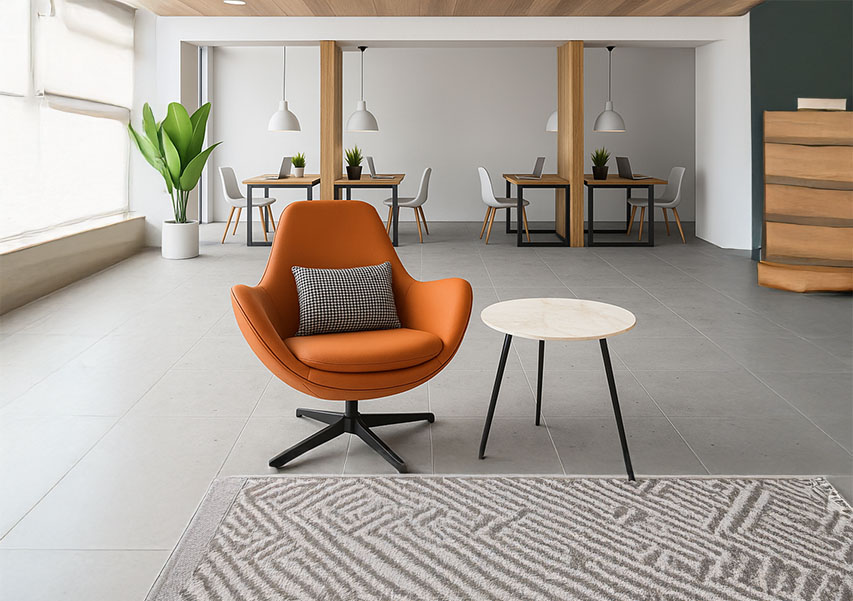 A modern lounge with a bright orange chair and a small round table on a geometric rug. In the background, dining tables and chairs are set near large windows, creating an open, welcoming atmosphere.