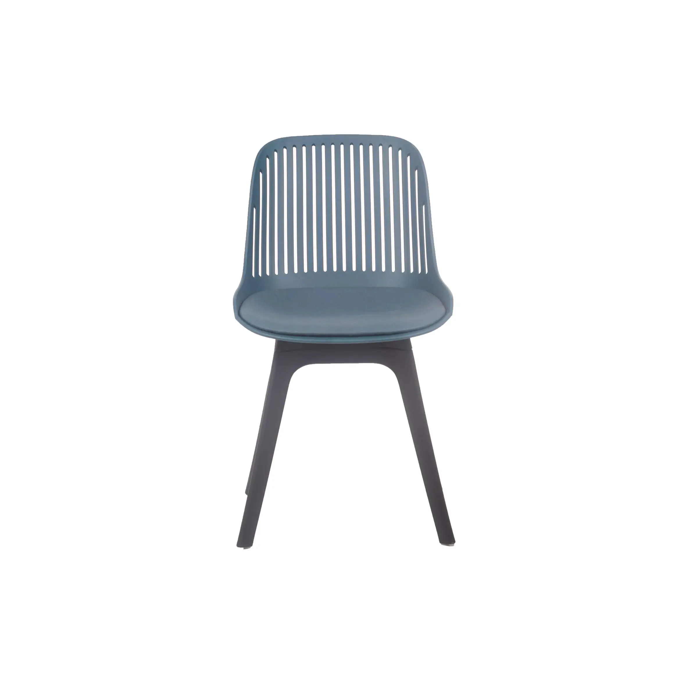 A modern conference room with blue chairs aligned along a long table. Large windows and glass walls fill the space with natural light, creating an open, airy atmosphere.