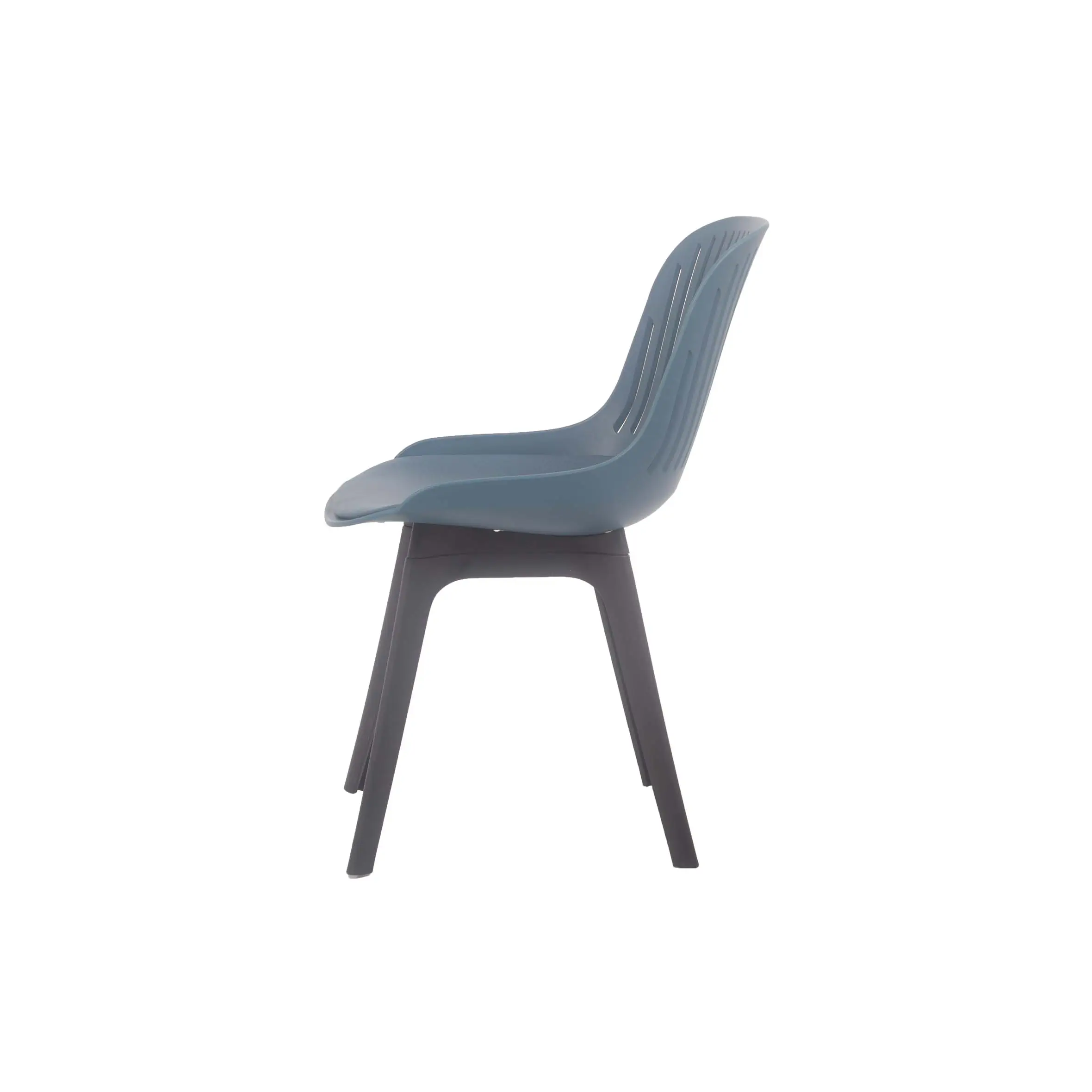 A modern conference room with blue chairs aligned along a long table. Large windows and glass walls fill the space with natural light, creating an open, airy atmosphere.