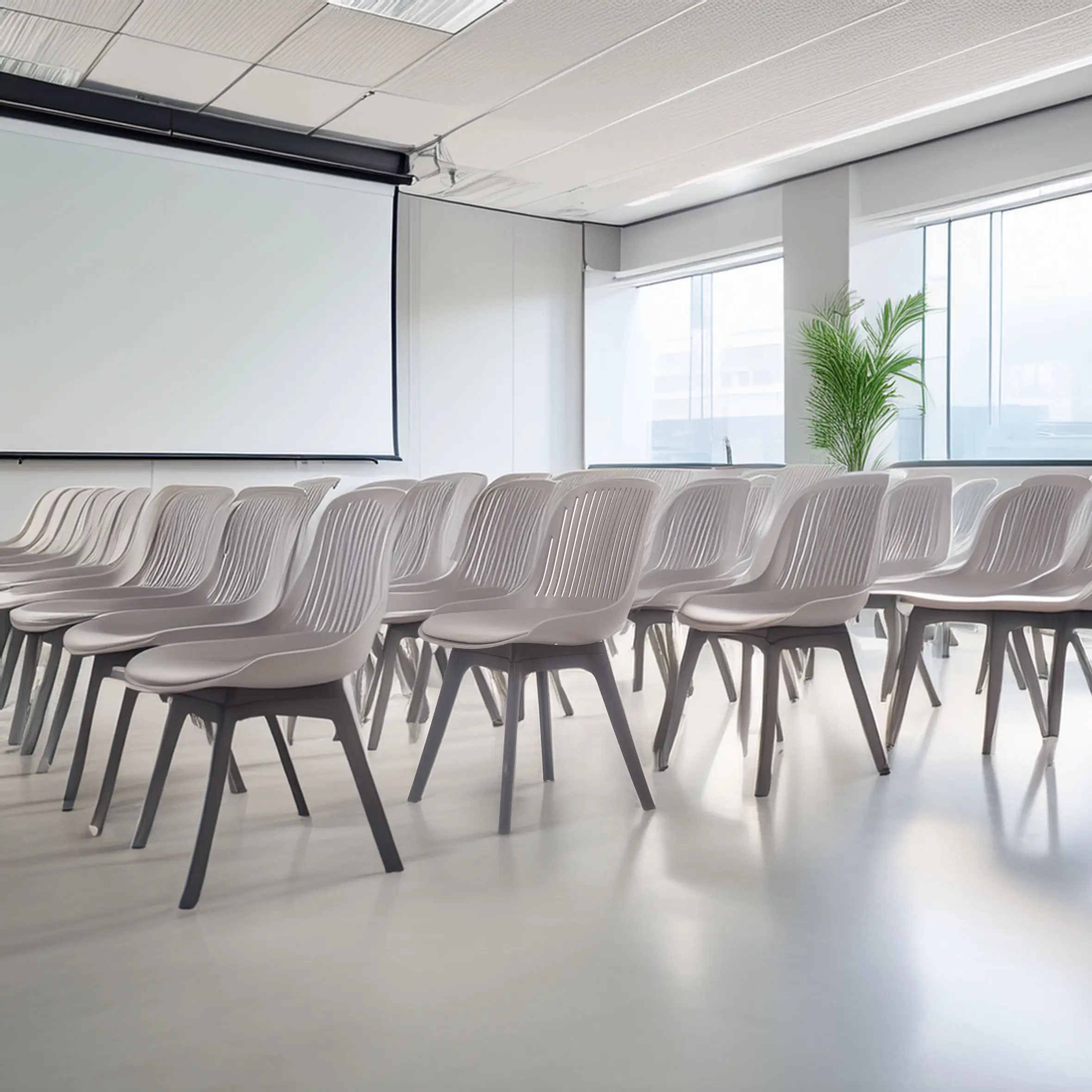 Rows of empty light gray chairs are arranged in a bright conference room. A large projection screen is in front, with natural light filtering through windows and a potted plant in view.