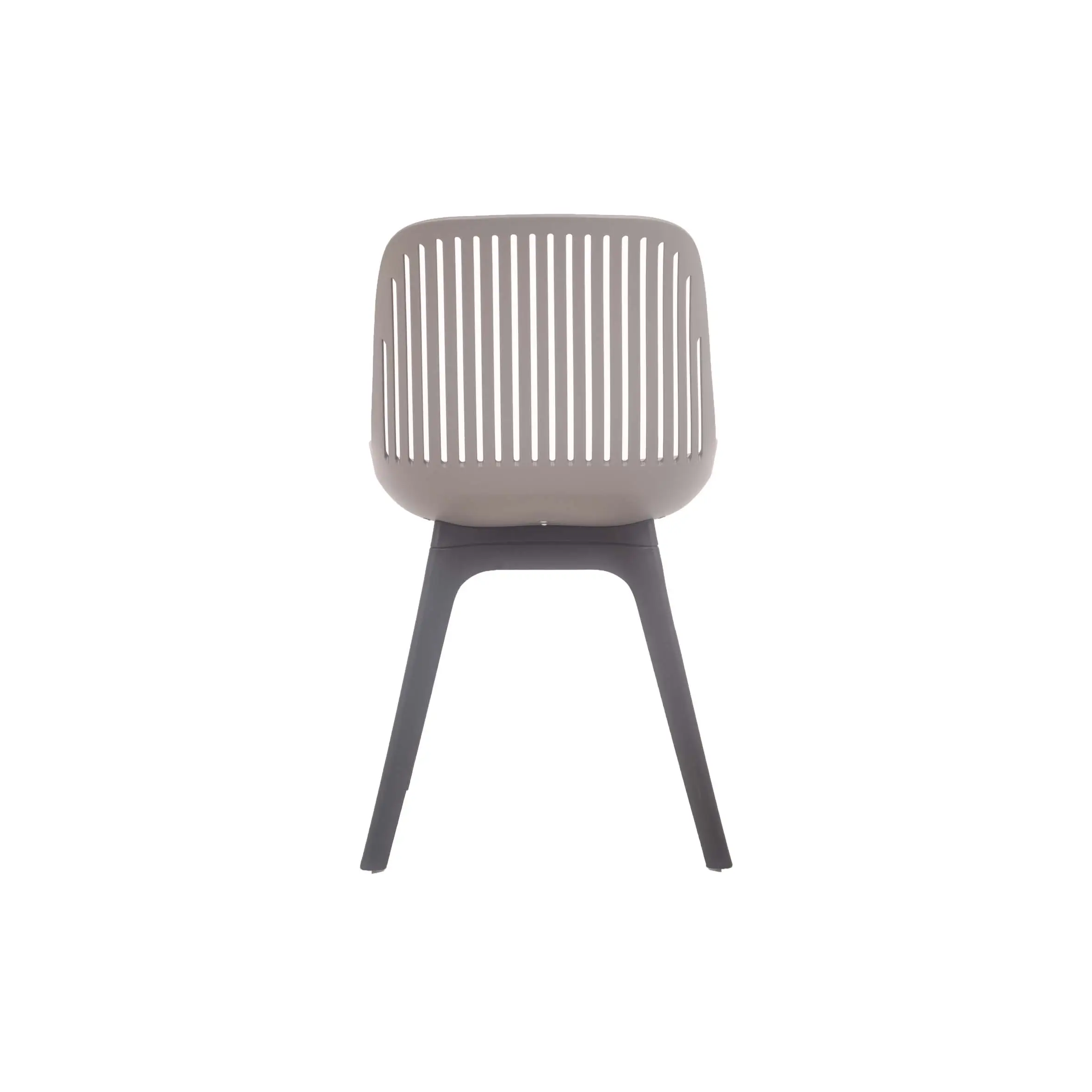 Rows of empty light gray chairs are arranged in a bright conference room. A large projection screen is in front, with natural light filtering through windows and a potted plant in view.