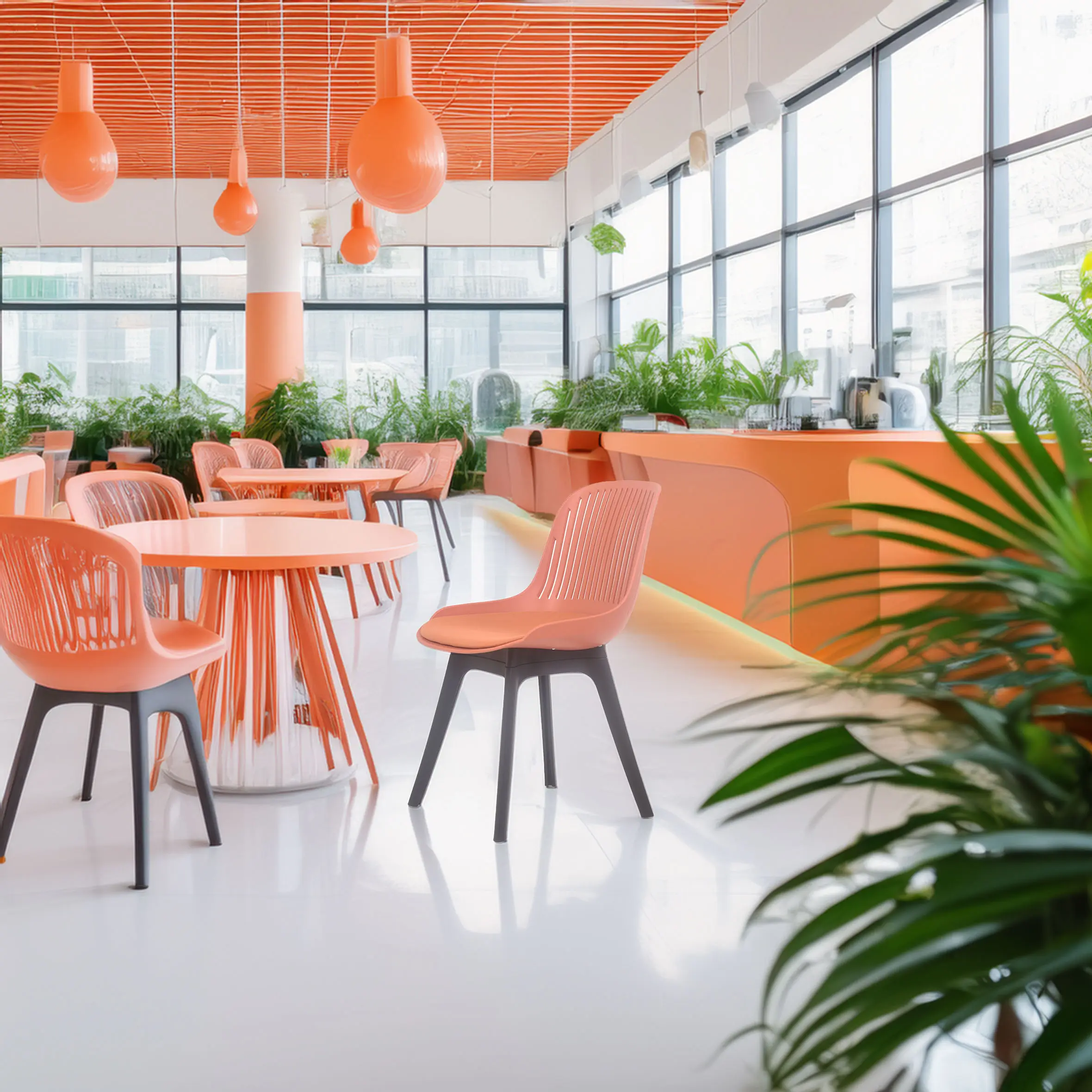 Bright, modern café interior with orange chairs and tables. Large windows, plants, and hanging lights create a fresh, vibrant atmosphere.